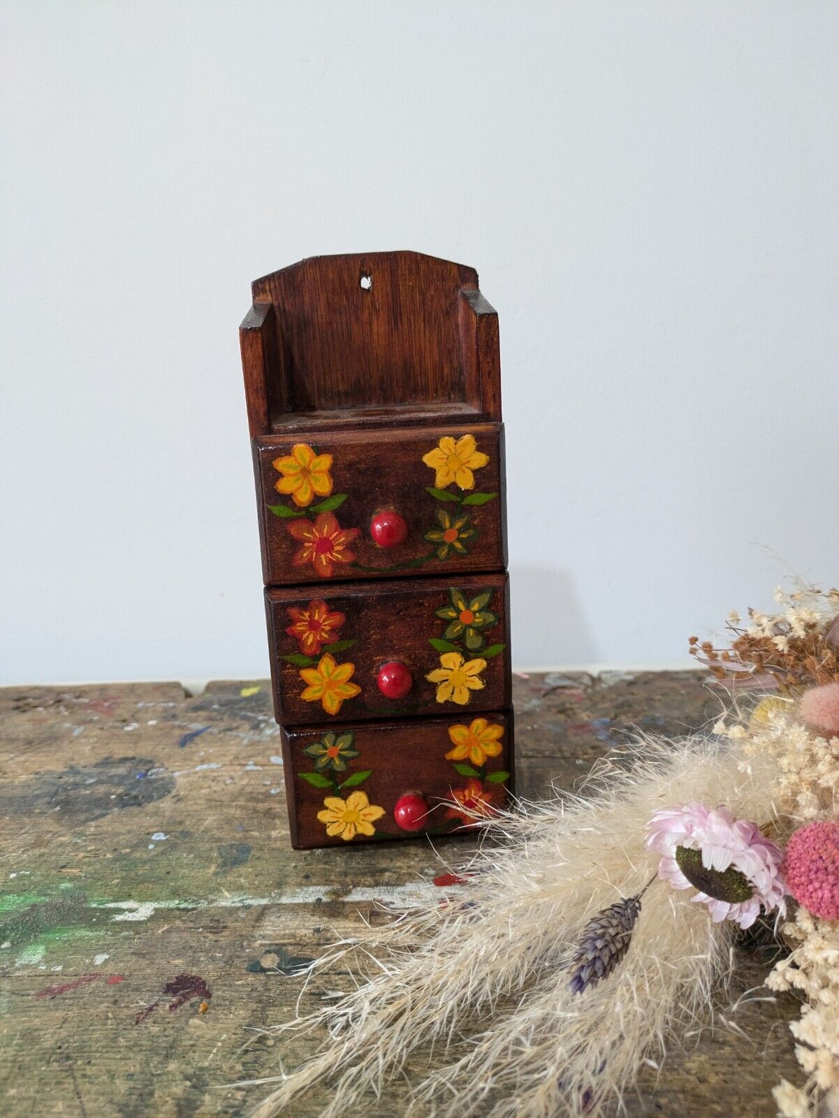 VTG Retro Sewing box 3 Drawer Wooden Drawers Wall Mount Hand Painted Lined Vgc