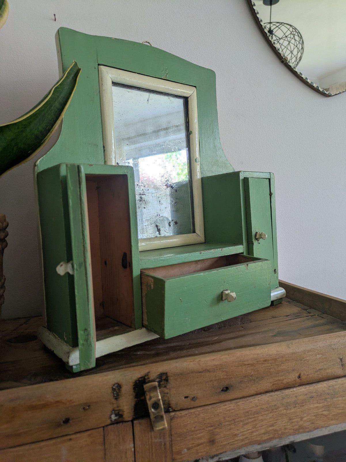 Antique Romanian Art Deco Wood Table Vanity Mirror Drawers Green Cupboard Wall