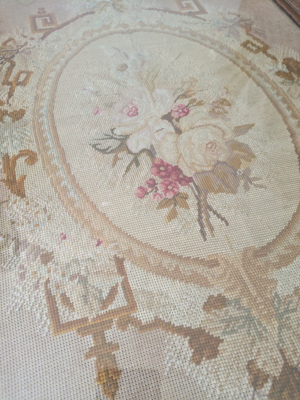 Antique French Needle Point Aubusson Floral Rose Rare Tapestry Framed Original