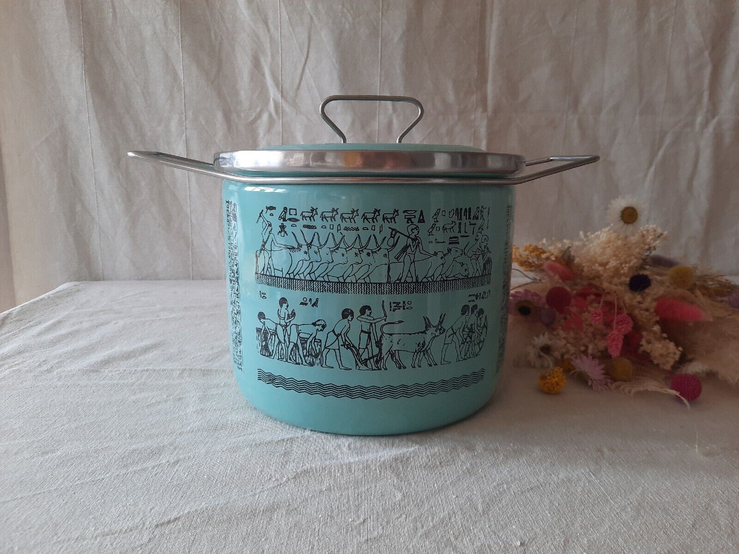 XL Pot in Metal Enamelled Turquoise Duck Egg Siltal Egyptian Design Vtg Retro MC