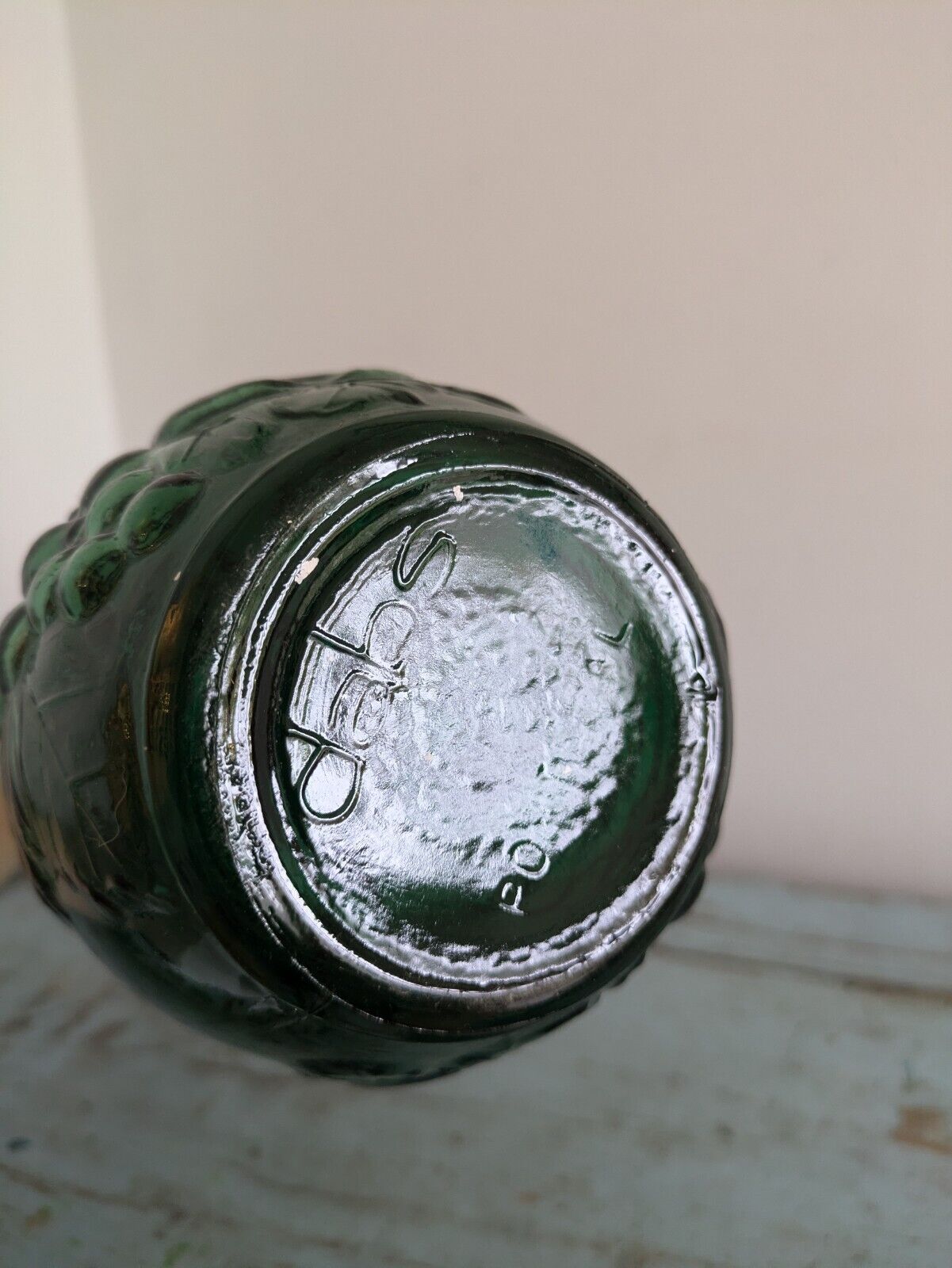 Vintage Green Glass Bottle Decanter With Stopper Fruit Motif DABS Portugal Genie