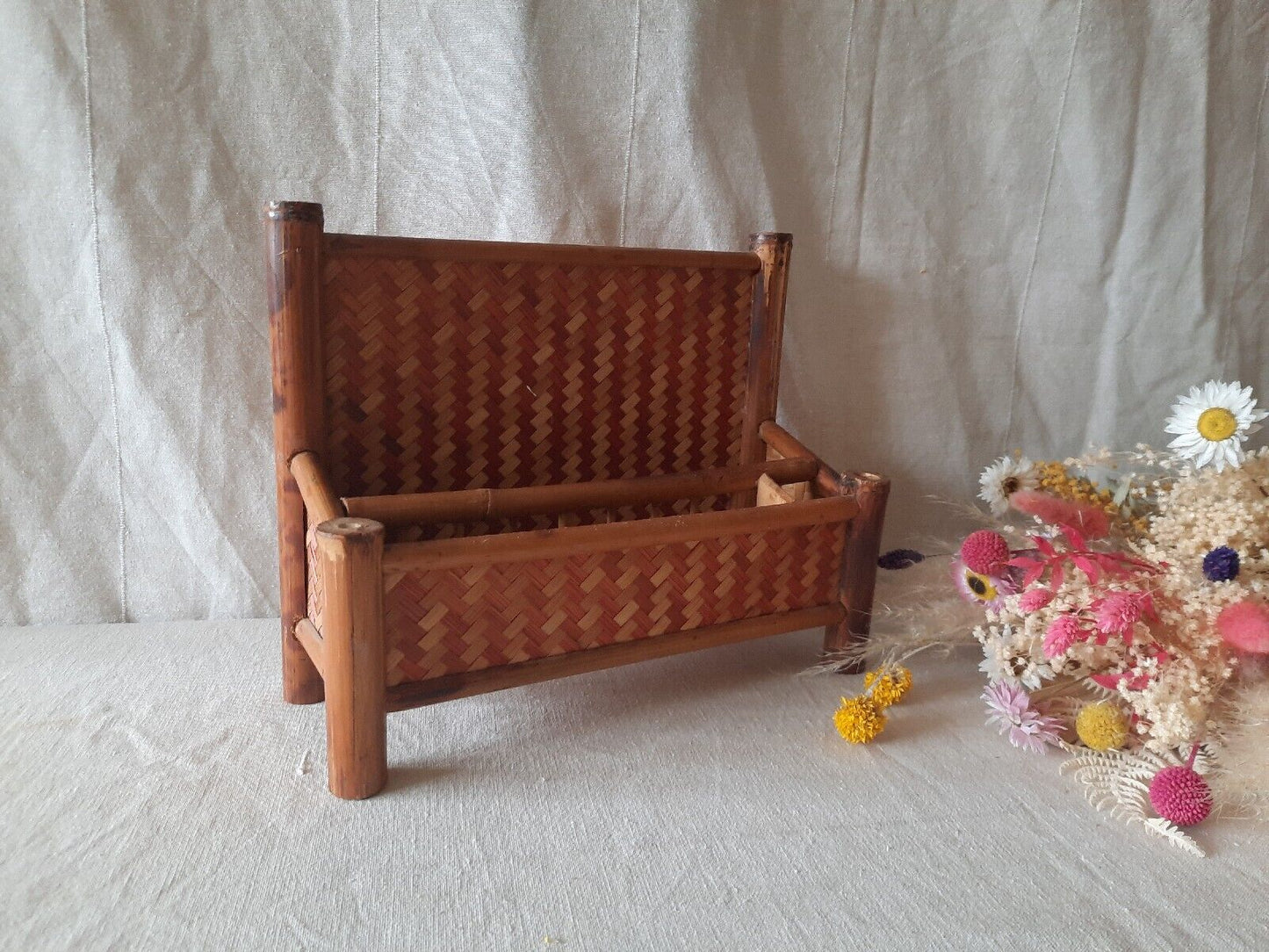 VINTAGE TIKI BAMBOO LETTER RACK SHELF DESK TIDY BOHO CANE RED RETRO MIDCENTURY