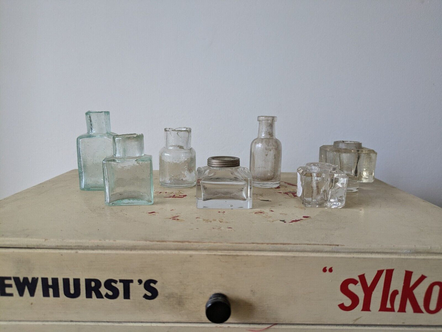7x Antique Vintage Glass Bottles vase flower original apothecary ink old Bell