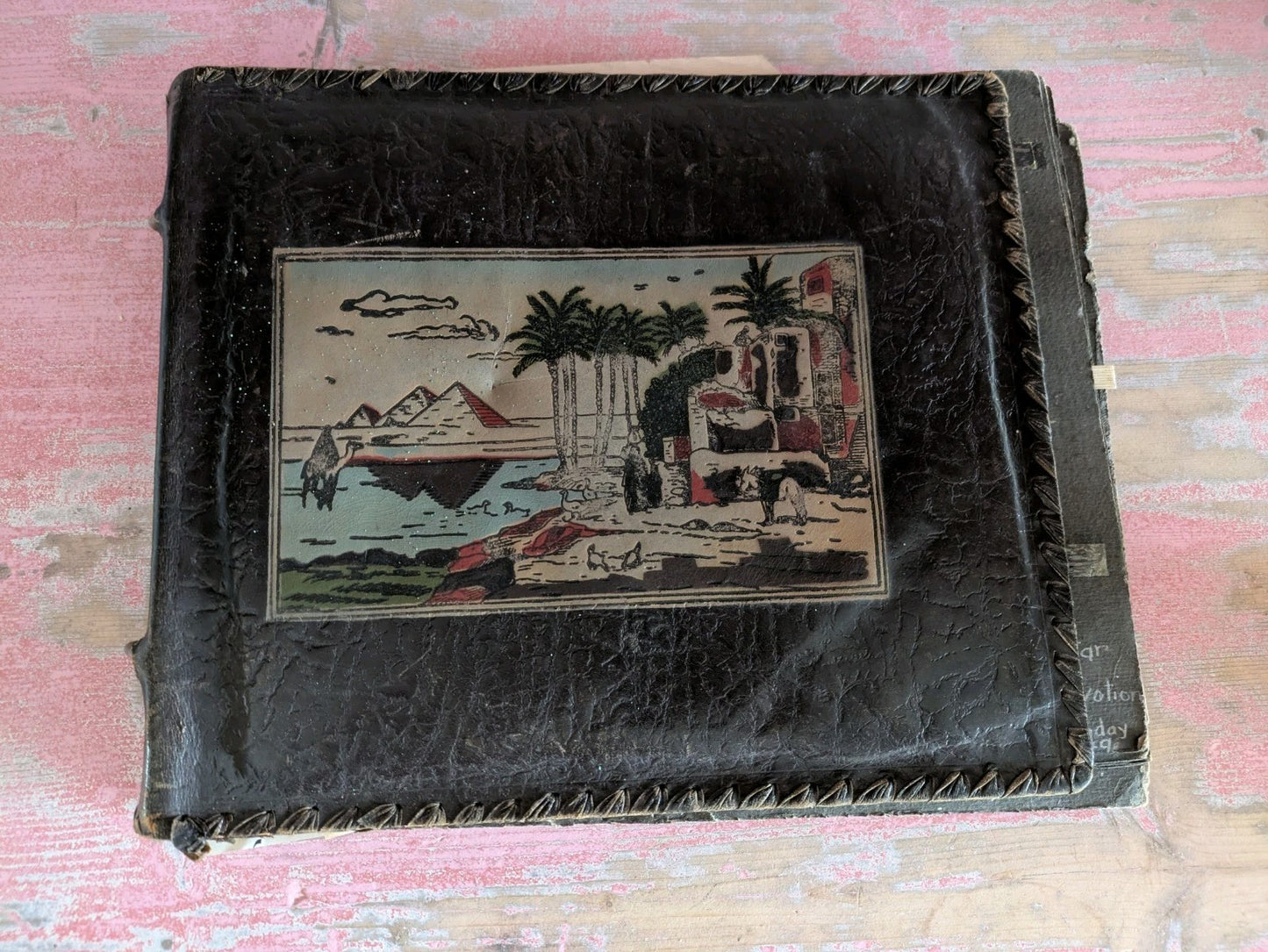 Vintage 1940s WW11 Egyptian Leather Brown Large Photo Album Full Ephemera Photos