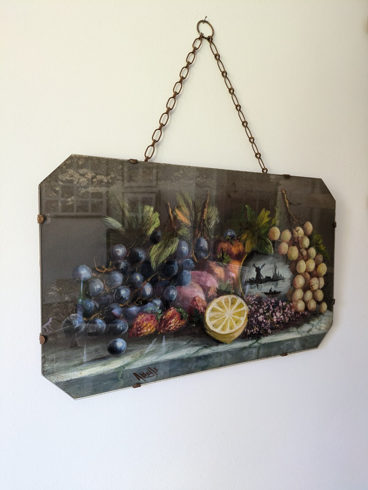 Abells Signed Still Life Oil Fruit Grapes Frameless 1920s Painting Dutch Glass