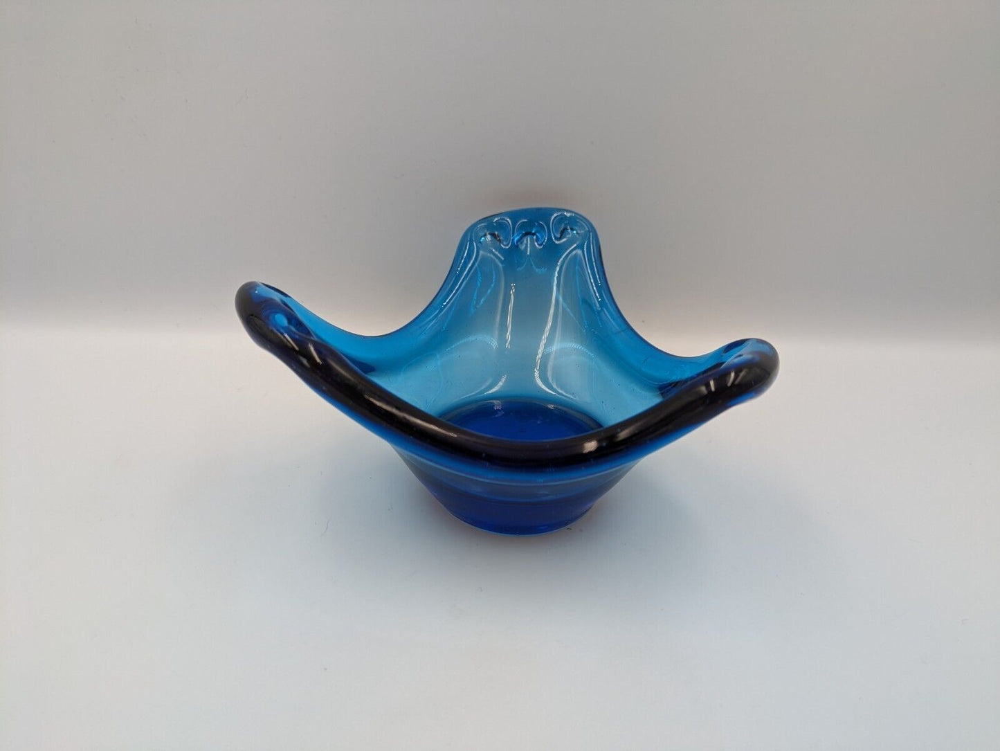 Vintage Mid Century 60s Murano Style Candy Dish Cobalt Blue Pressed Glass Retro