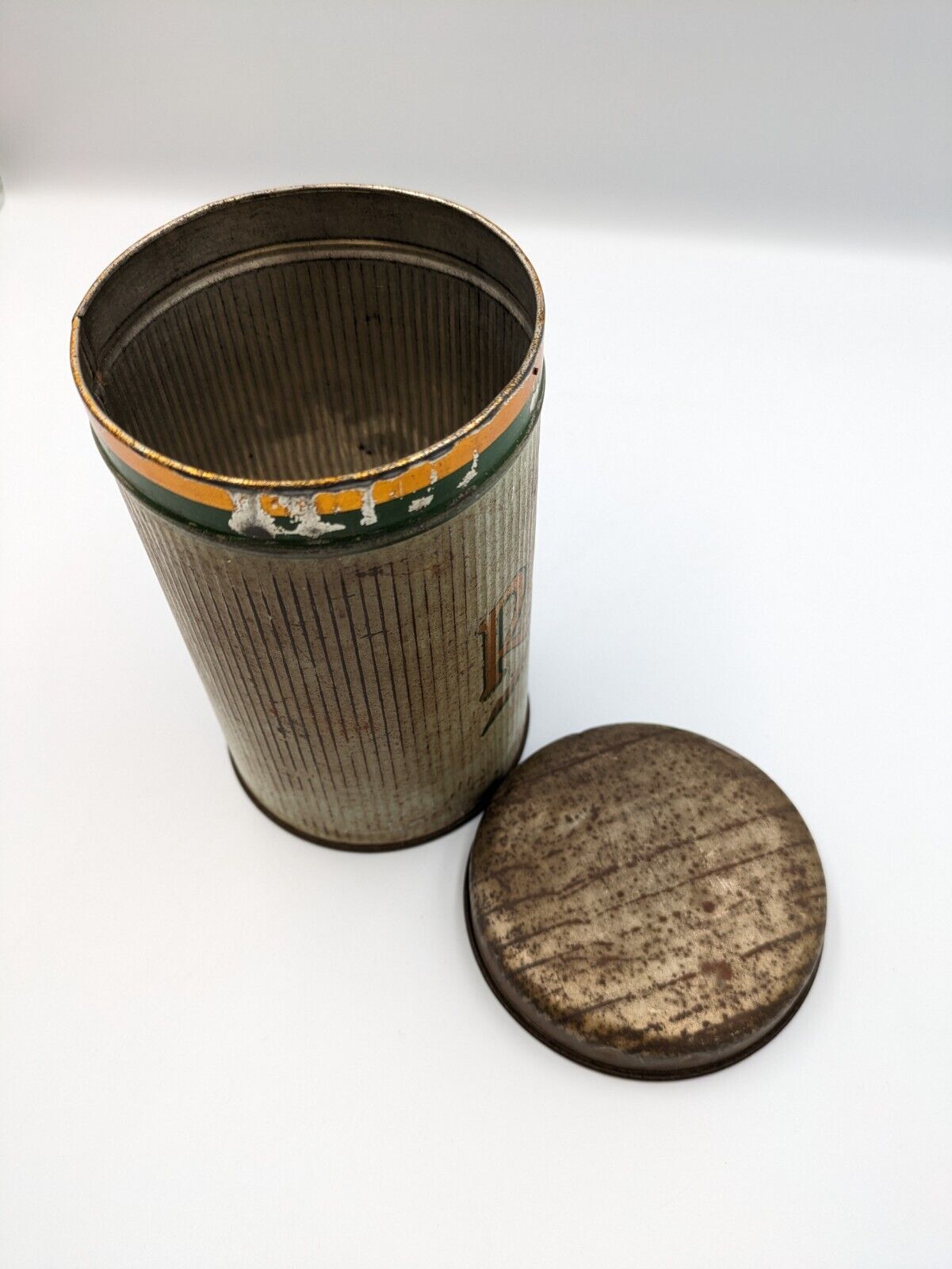 CIRCA 1930s VINTAGE "RICE" TIN Cream Gilt Gold Ribbed Rare Prop TV Film Canister
