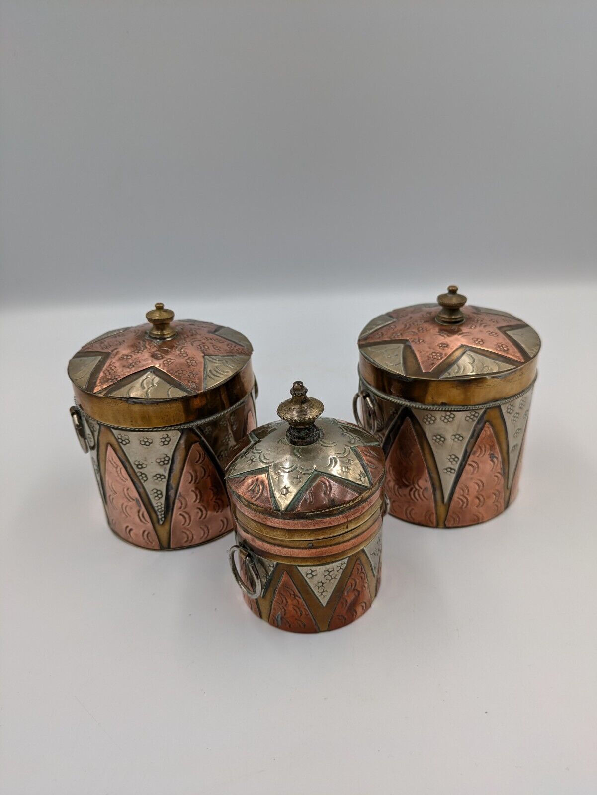 SET OF 3 VTG ISLAMIC PERSIAN COPPER BRASS MIXED METALS SNUFF HANGING BOX GIFT