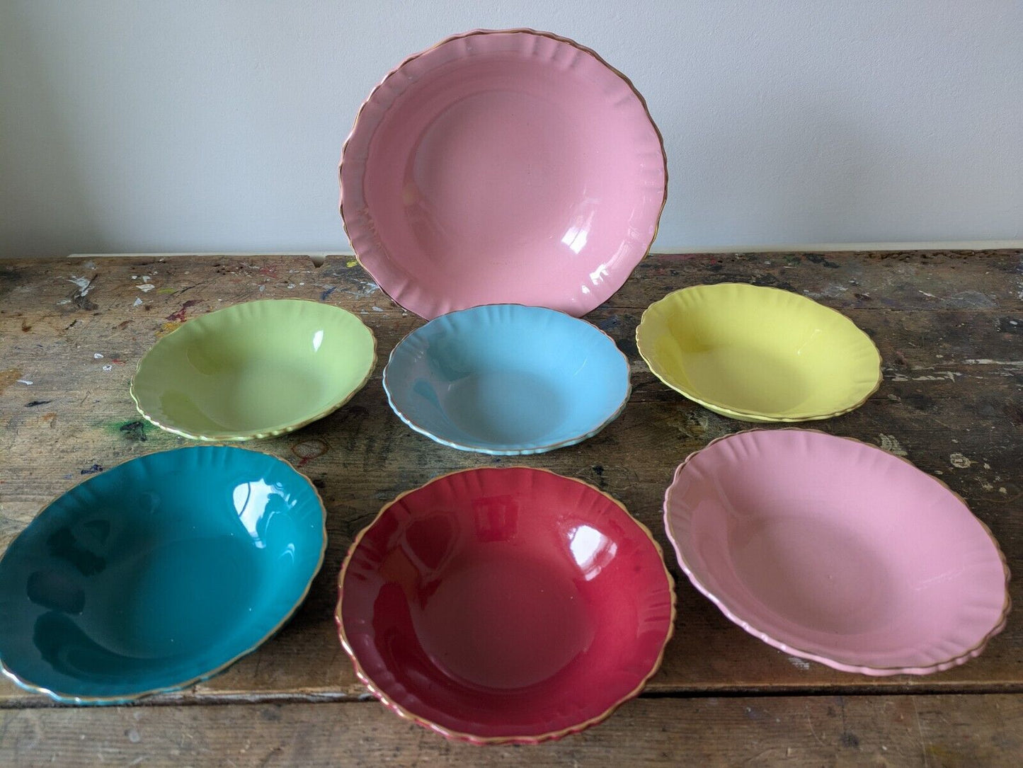 Rare set of Bowls Serving Dinner Old Foley Gaiety 6720 Multi Coloured Gilt Vtg