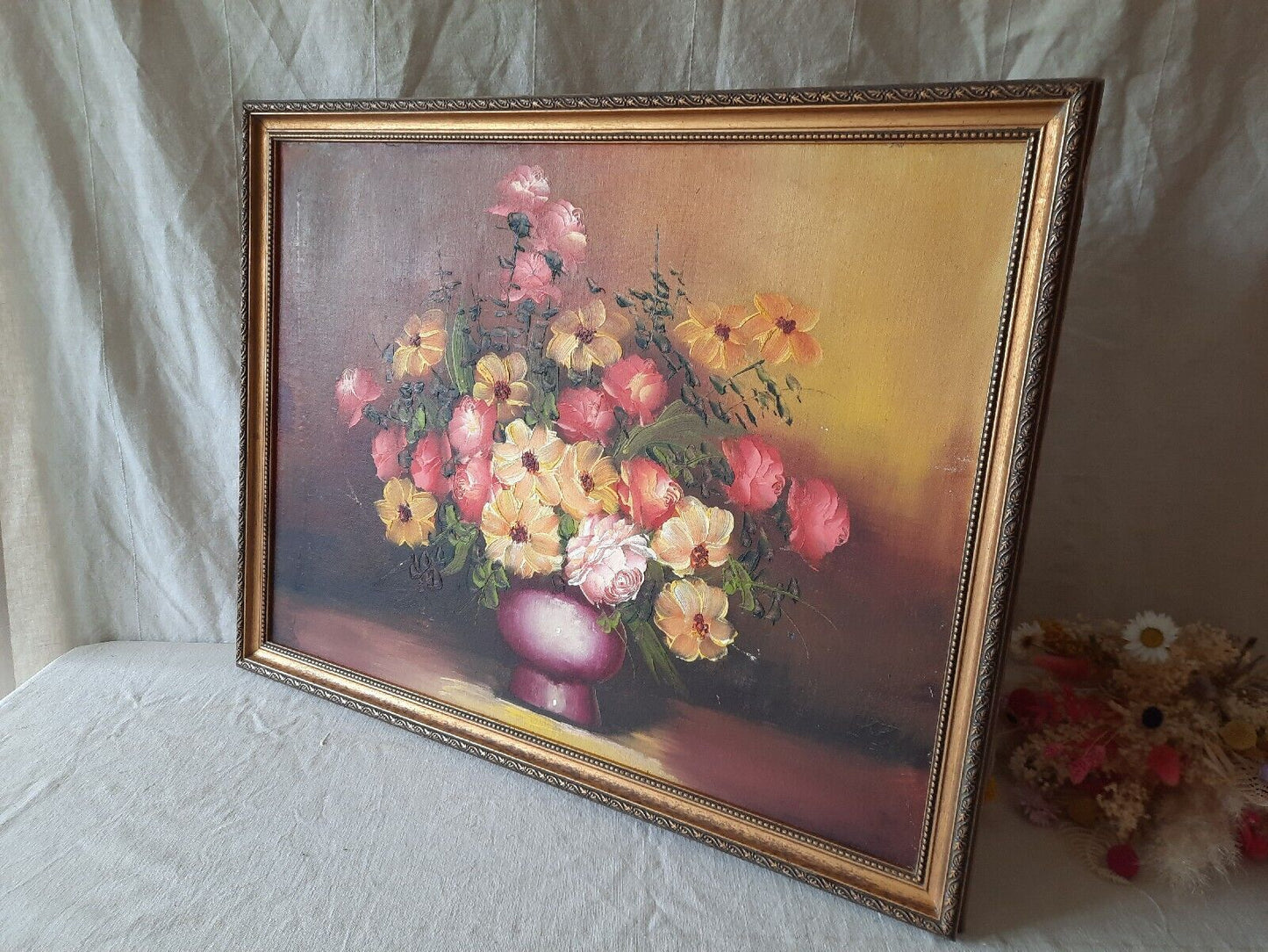 Large Original Vintage Antique Still Life Of Roses Oil On Canvas Painting Gilt