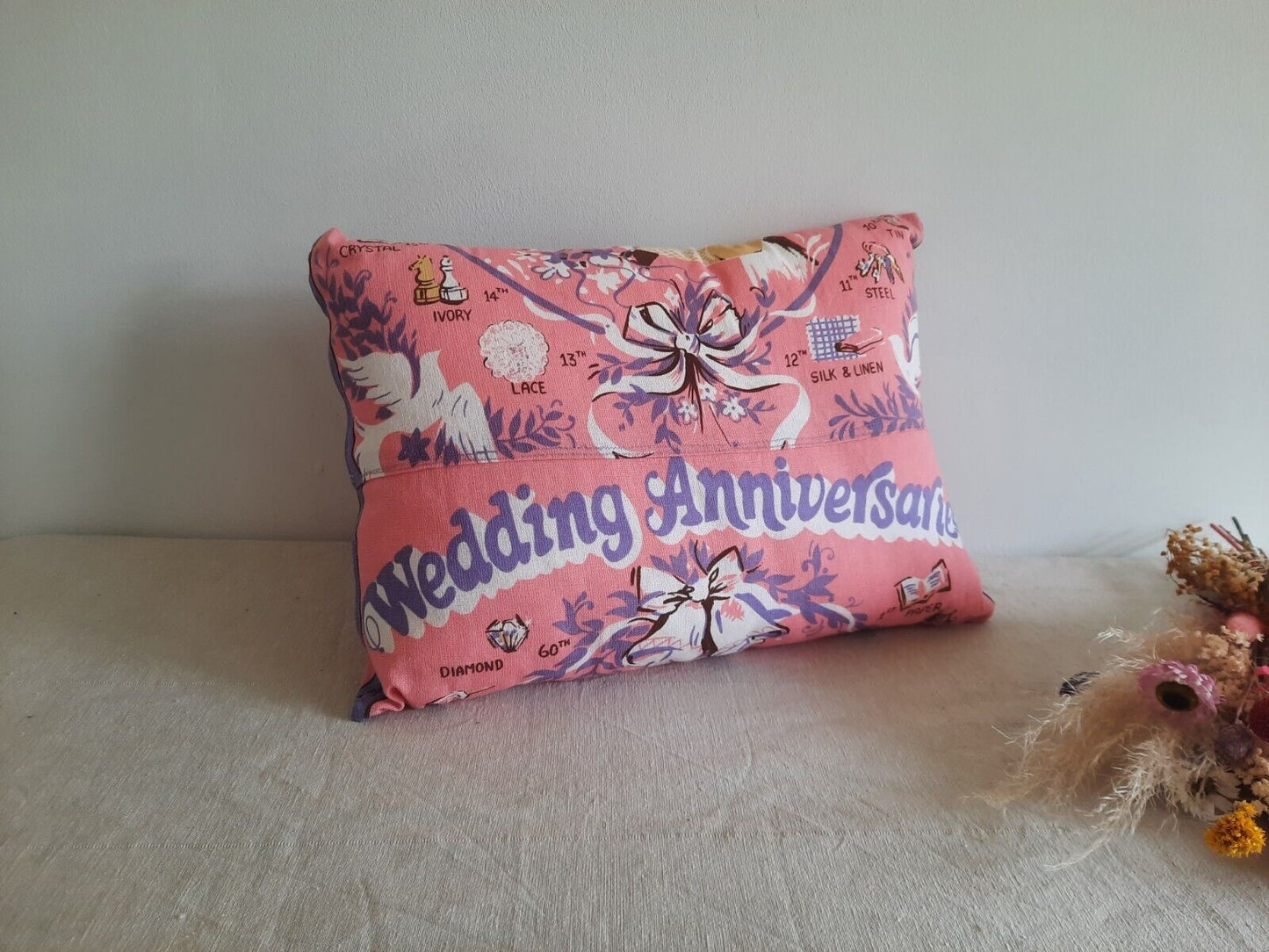 Vintage Upcycled Tea Towel Wedding Anniversary Gift cushion Vintage Retro Pink