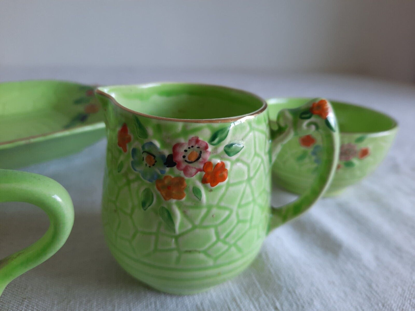 CROWN DEVON ART DECO FIELDINGS GARDEN PATH 1930s VTG JUG DISH BOWL SET JUICER