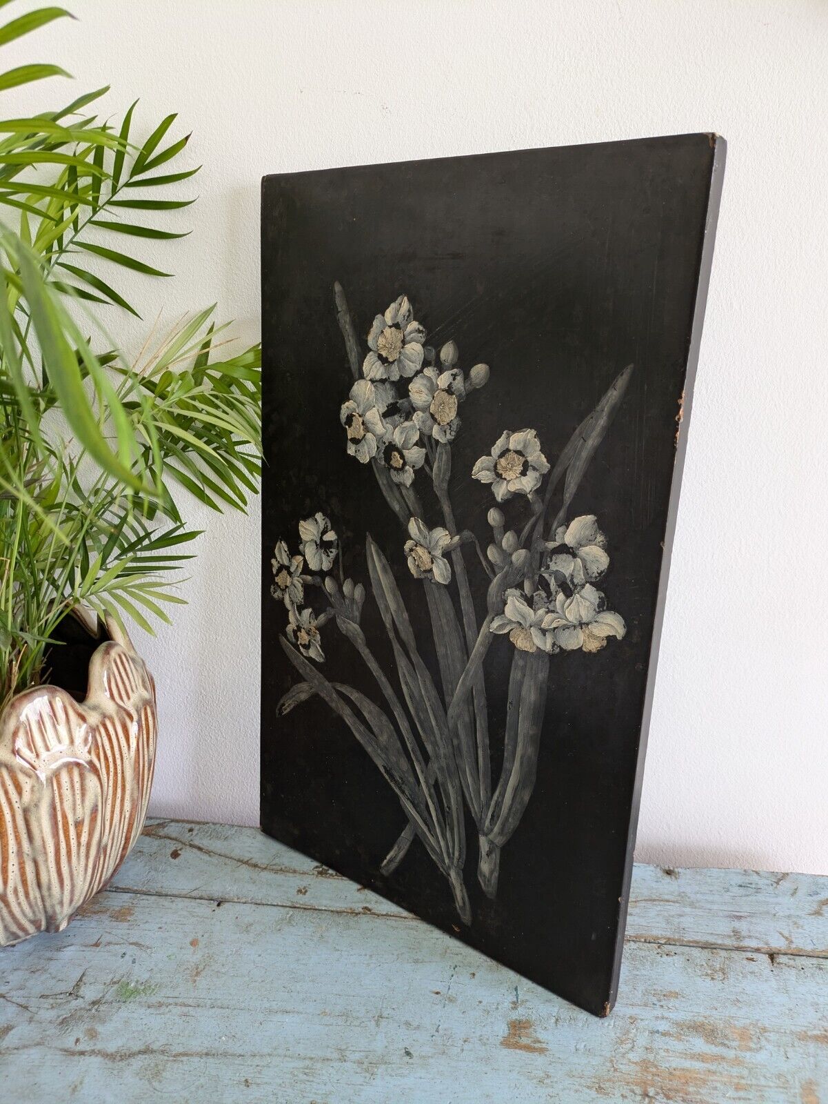 Original Painting Daffodils Floral Bouquet Picture VTG Black Wood Still Life