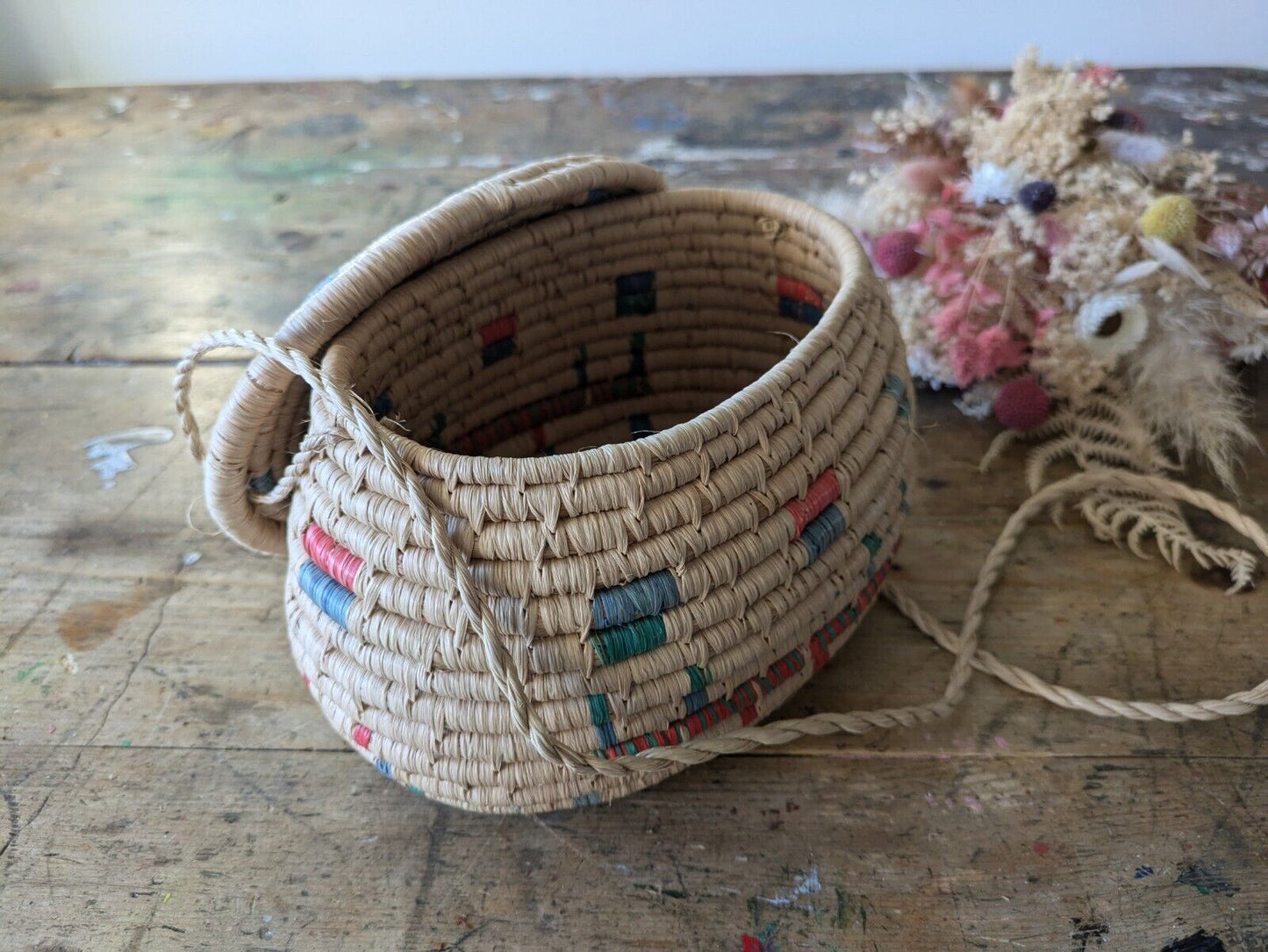 Vintage Native American Woven Coil Oval Basket Lid String Raffia Coloured Bag