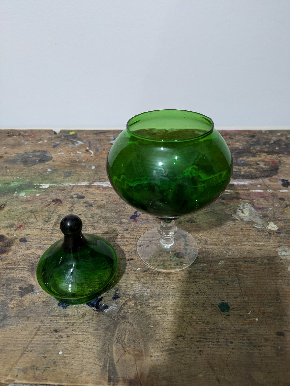 Vtg Mid Century Empoli Italian Glass Bon Bon Jar Emerald Green Clear Stem Circus