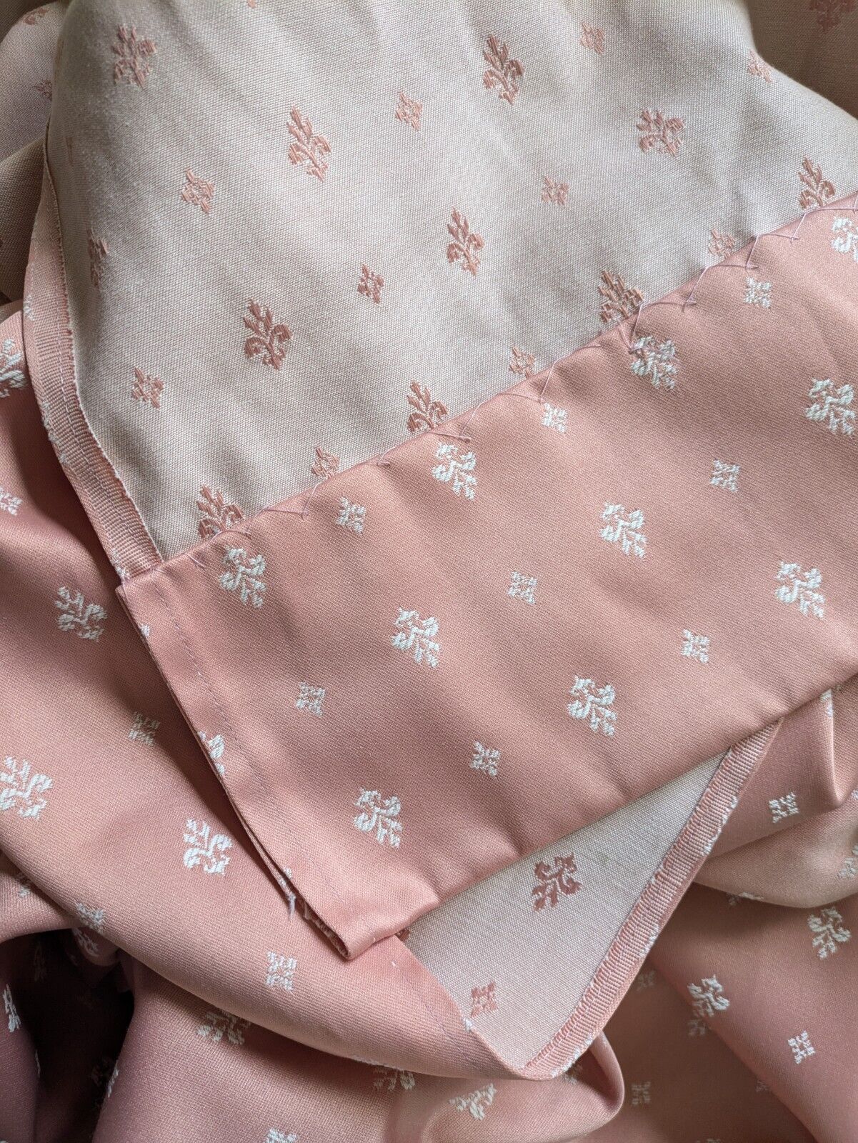 Pair Vintage Pink 80s Shabby Chic Salmon Fleur De Lys Curtains VTG Style Pretty
