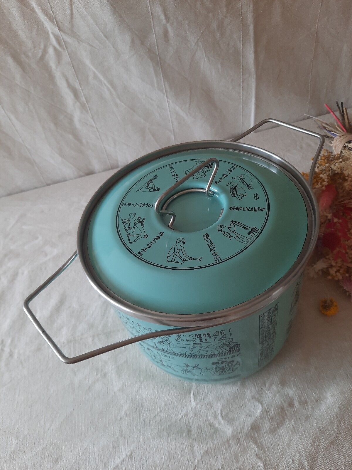 XL Pot in Metal Enamelled Turquoise Duck Egg Siltal Egyptian Design Vtg Retro MC