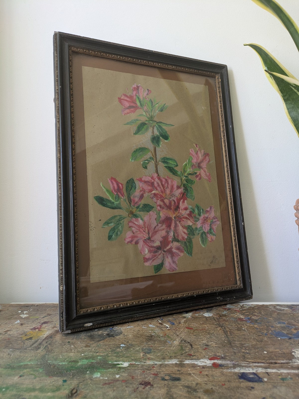 Original Antique Framed Oil Pastel Painting Floral Bouquet Flower Still Life 70s