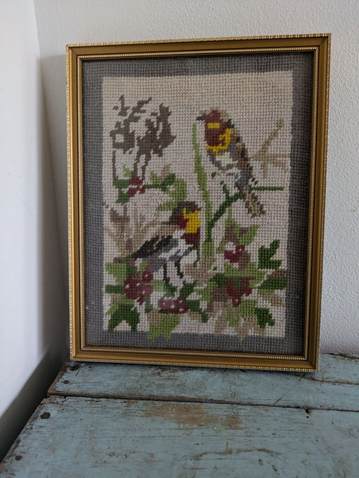 Framed Winter Tapestry Picture Birds Berries Vintage Flowers Needlepoint Kitsch