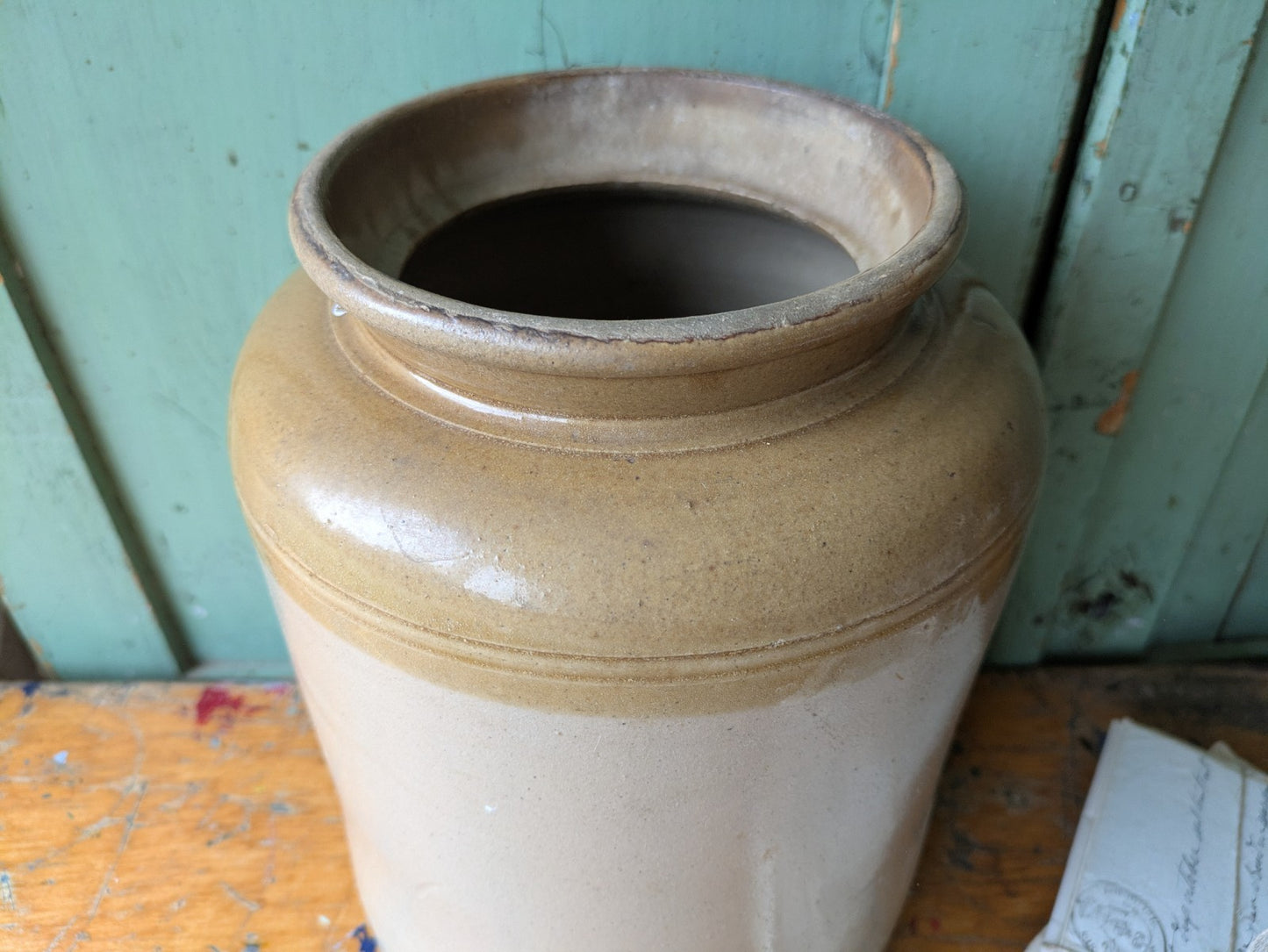 XL Antique Large Stoneware Country Farm House Salt Glazed Pot Utensil Vintage