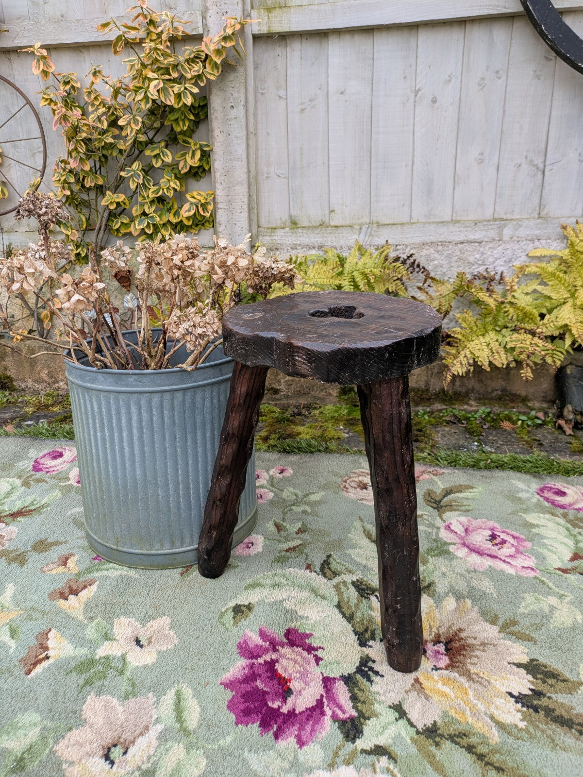 Vtg Hand Carved Stool Campaign Brutalist Screw Leg Wooden Milking Tripod Seat