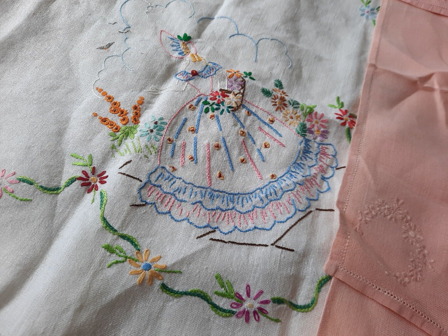 Job lot vtg embroidered retro table cloths cotton floral runner crinoline lady!!