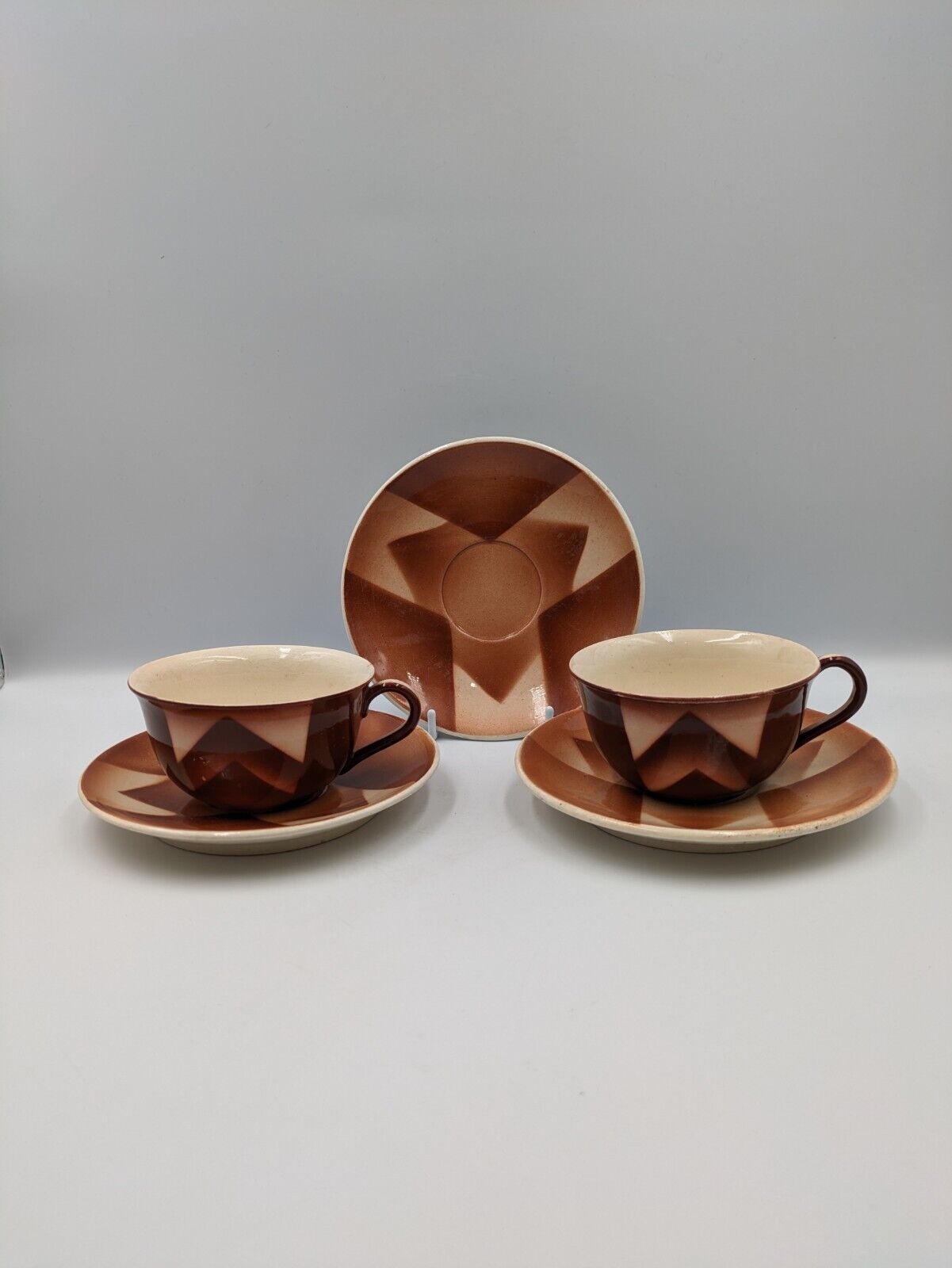 2x 1920s West German Waku Feuerfest Keramik Coffee Cups Saucers Art Deco Antique