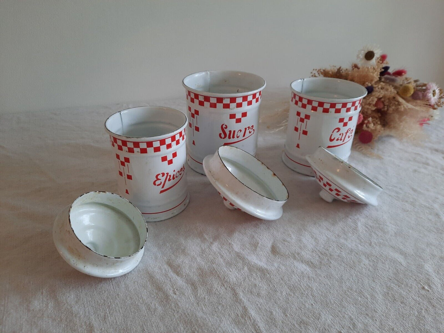 Vintage French Enamel Canisters Set-Red White Check Tins Jars Antique 20s 30s