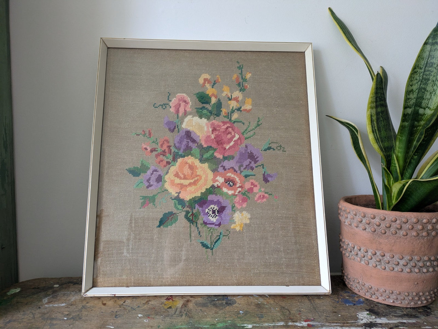 Vintage Handmade Completed Needle Point Tapestry Framed Floral Rose Bouquet Old