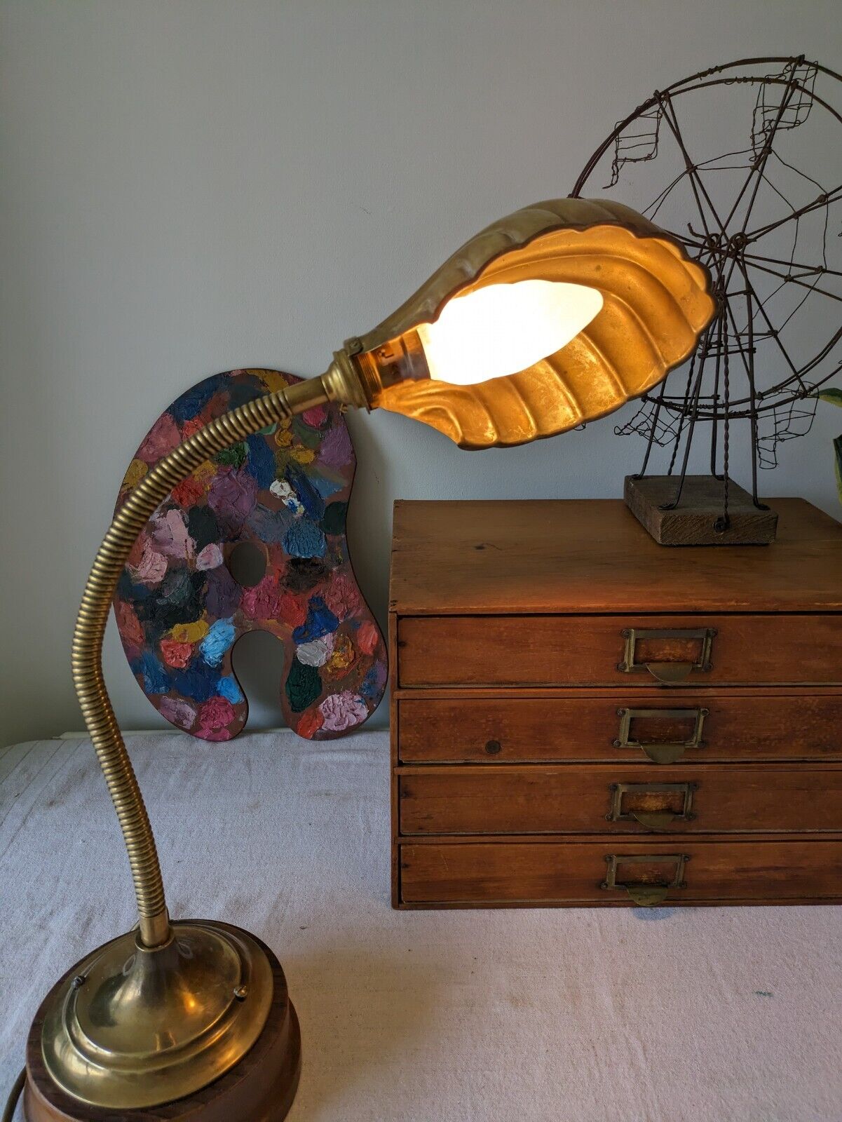VINTAGE 1920s 30s ANTIQUE ART DECO BRASS GOOSENECK SHELL CLAM DESK LAMP WORKING