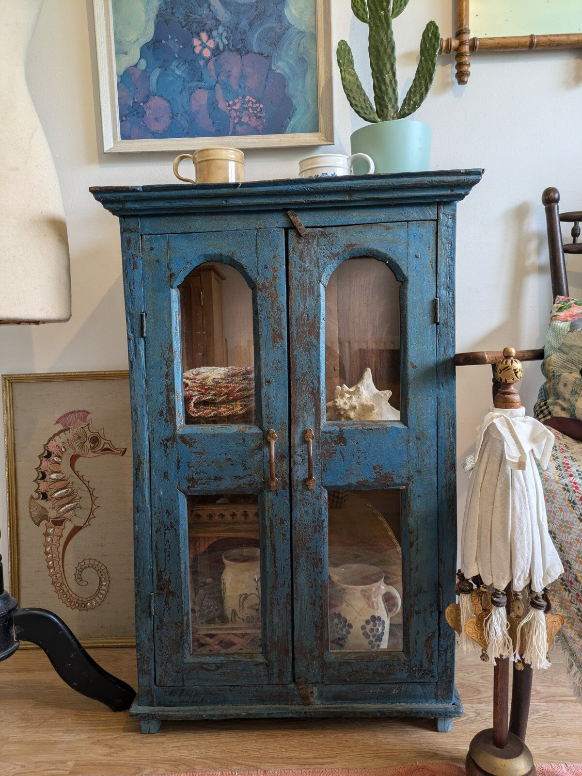 Restored Antique Vintage Indian Cabinet Cupboard Paint Glazed Reclaim Blue Arch