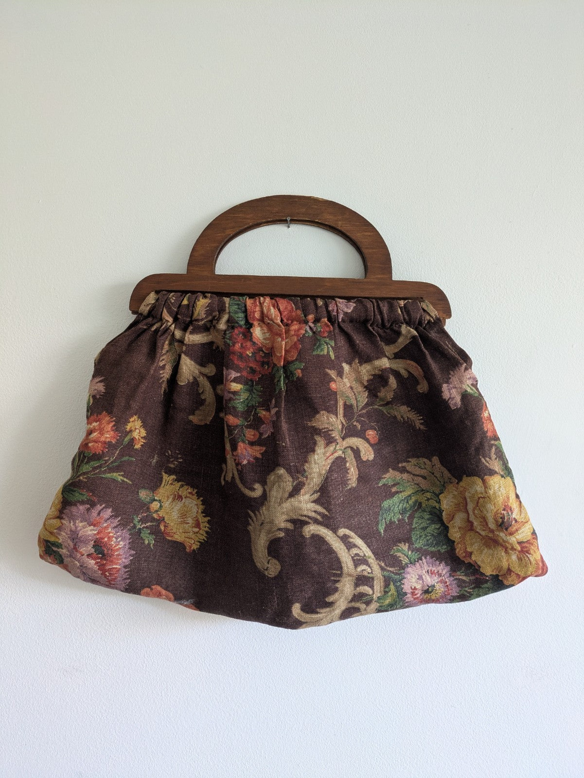 Vintage Wooden Handle Floral Print Handbag Clutch Bag Knitting Sewing Sanderson