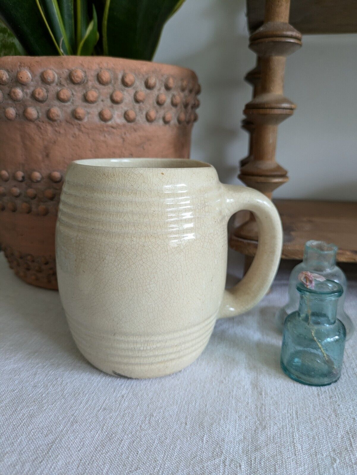Vintage Crazed Cream Iron Stone Barrel Mug Tankard Crazing Aged Time worn Bar