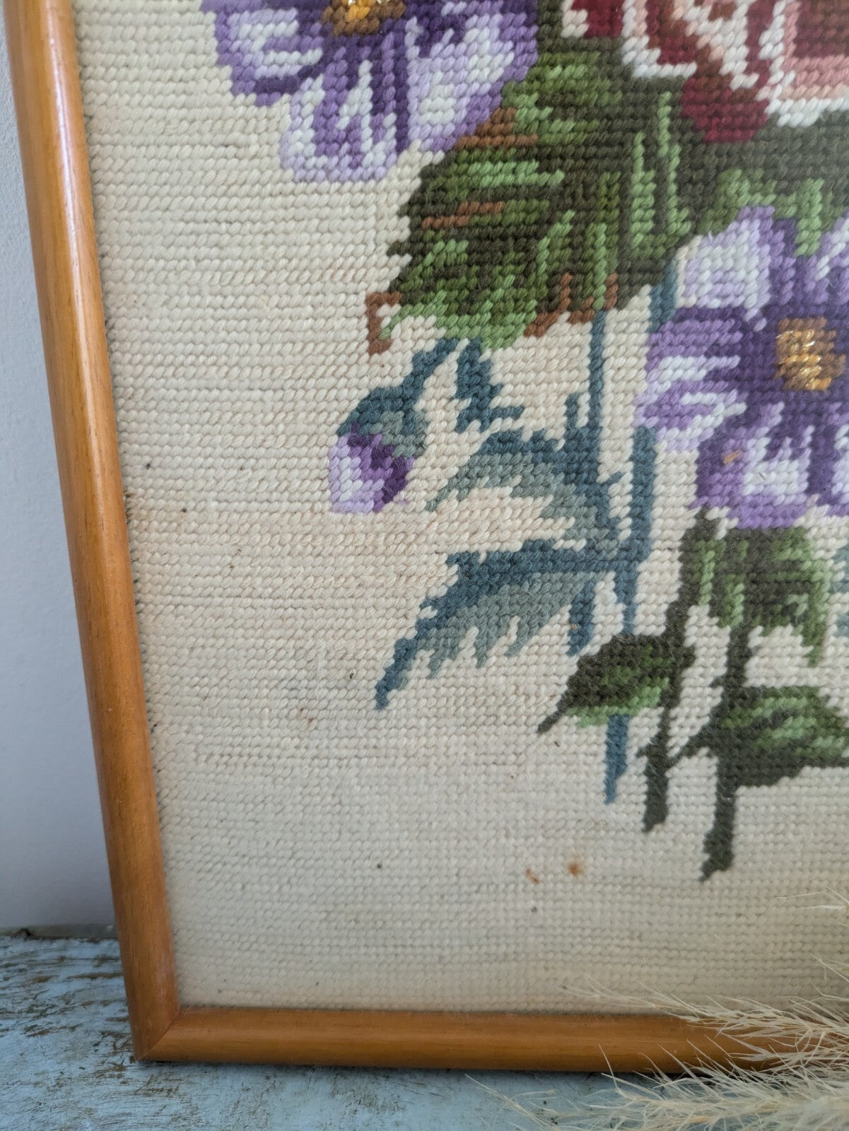 Framed Rose Tapestry Picture Floral Display Vintage Flowers Needlepoint Kitsch