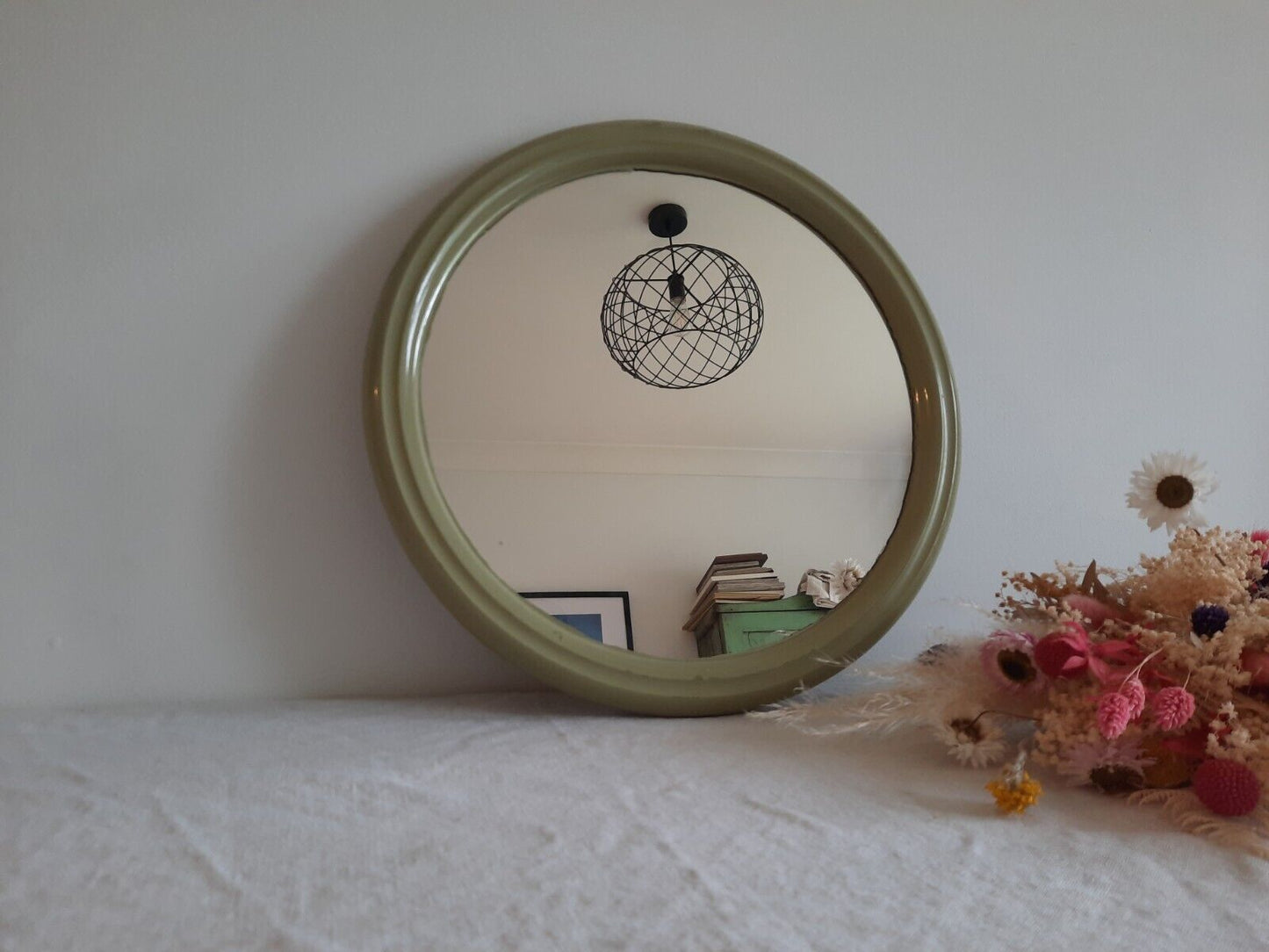 RETRO MID CENTURY DUTCH 'TIGER' ROUND MIRROR GREEN KITSCH ORIGINAL WALL PROP OLD