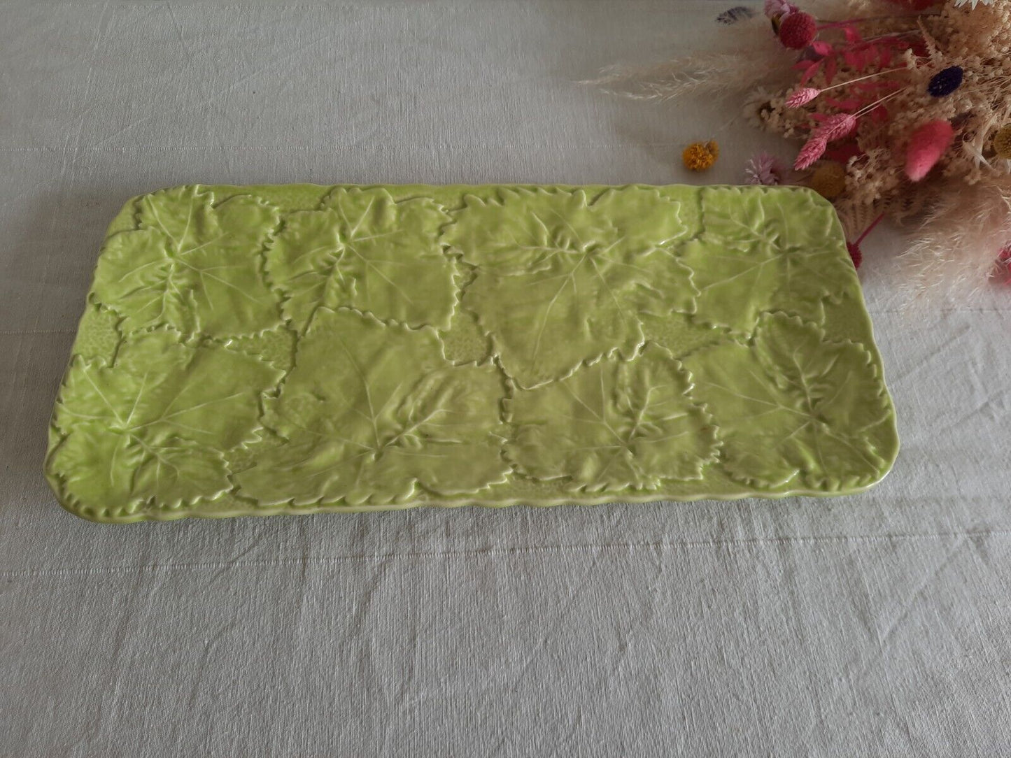 OLFAIRE Green Majolica Cabbage Leaf Big Serving Bowl Portugal Rectangular Large