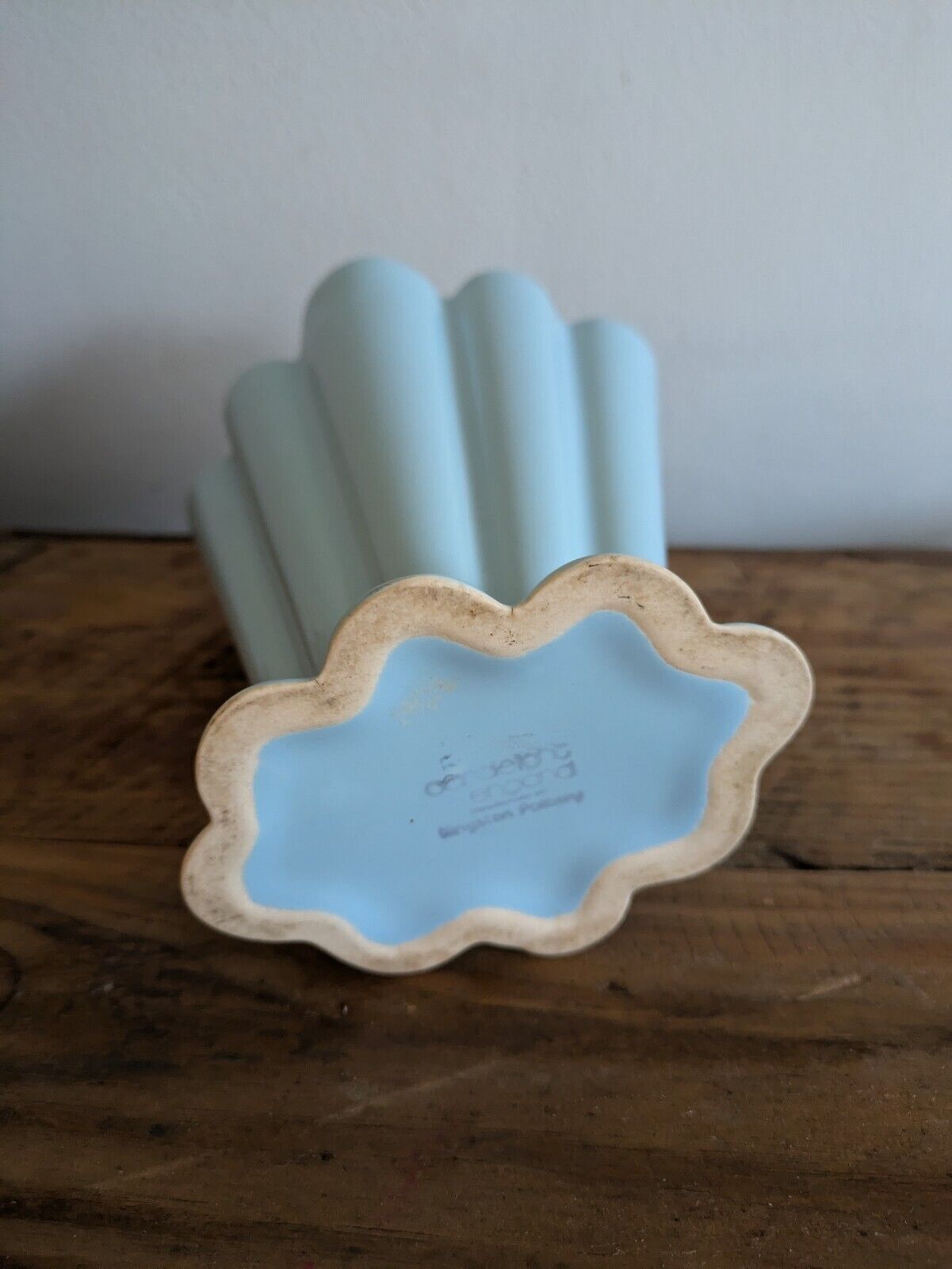Vintage Candlelight England Blue Art Deco Vase Kingston Pottery Fan Mantle Retro