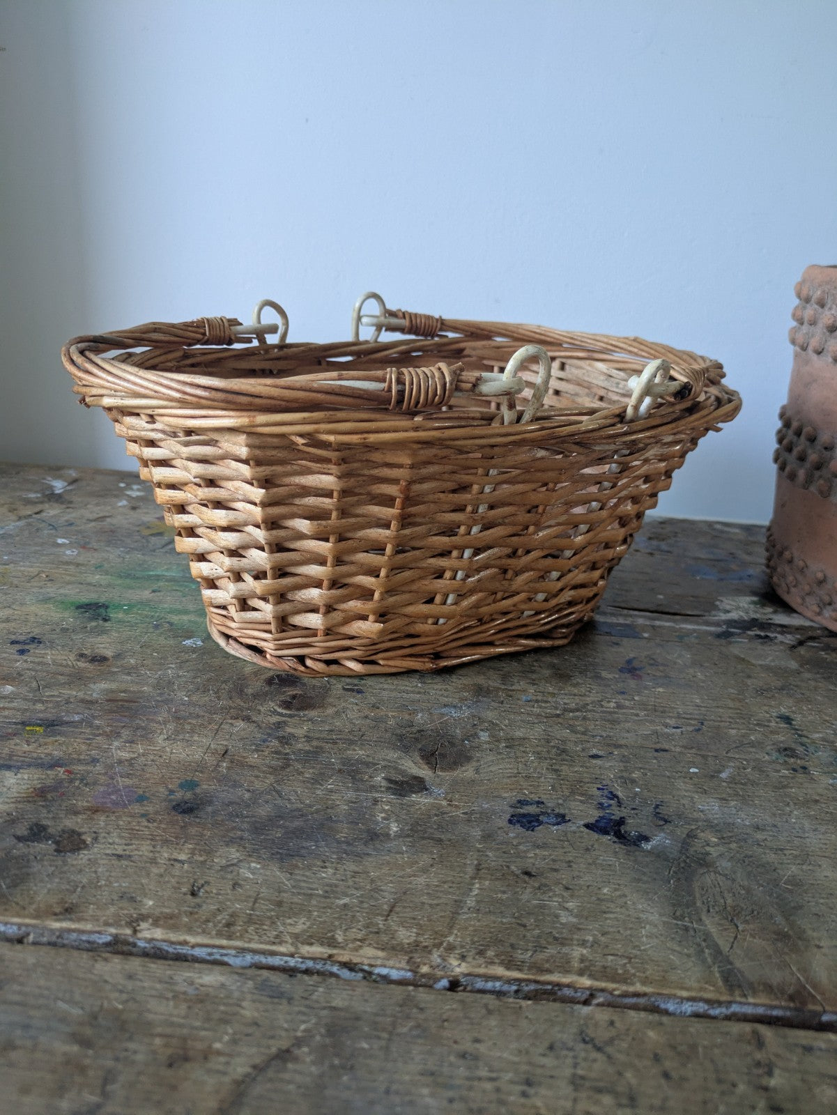 Vtg Wicker Shopping Basket with Handles Natural Farm Shop Display Storage Garden