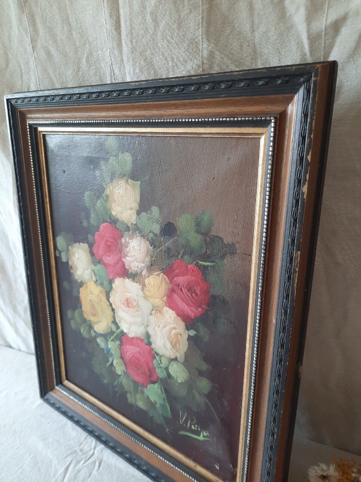 Large Original Vintage Antique Still Life Of Roses Oil On Canvas Painting Antiqu