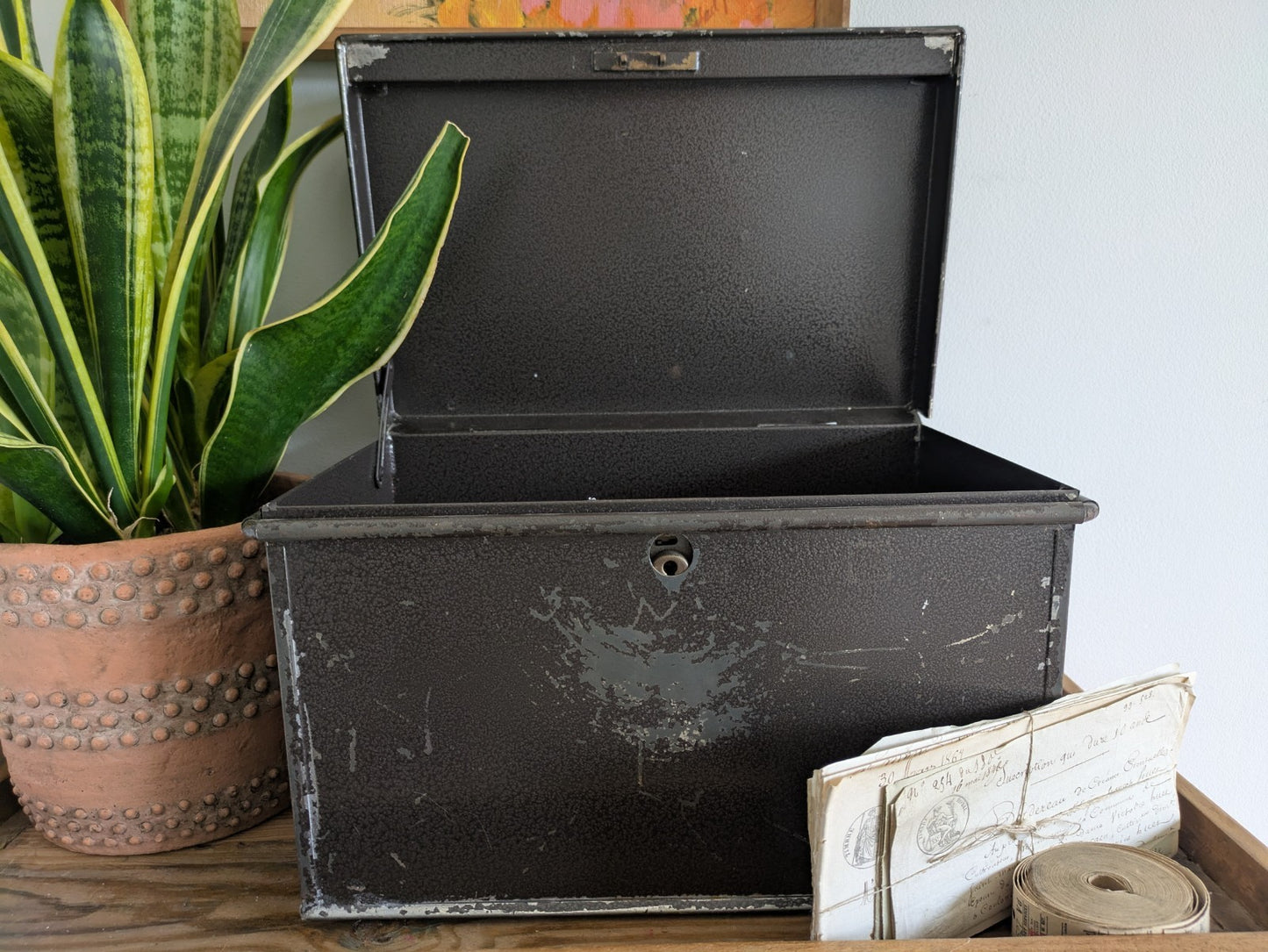 Vintage Metal Box Document Deed BOX Grey Latch Hinged Lid Large Cash Tin File