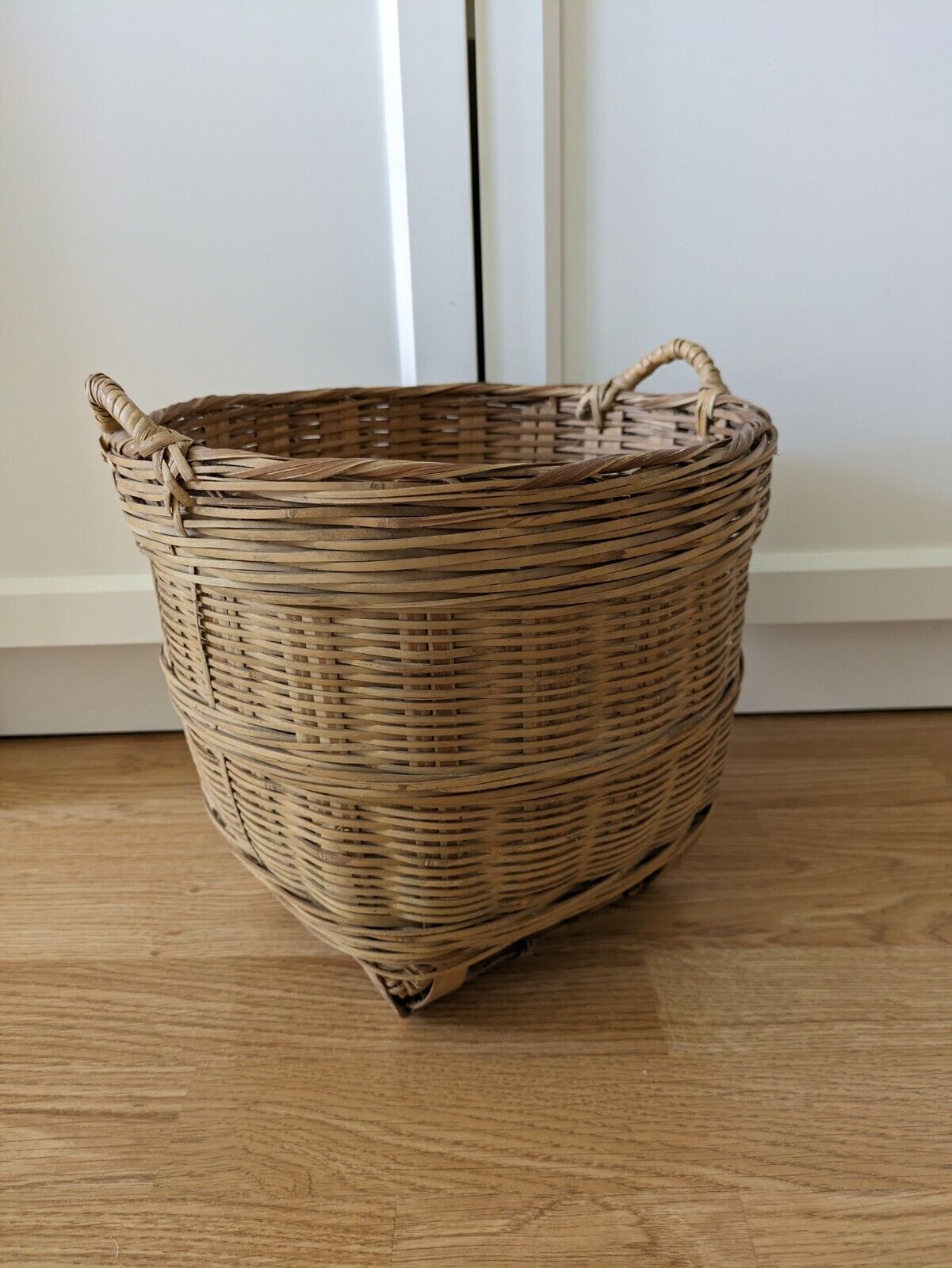Vintage Asian Wicker Bushel Basket Handles Rattan Frame Storage Sturdy Bucket
