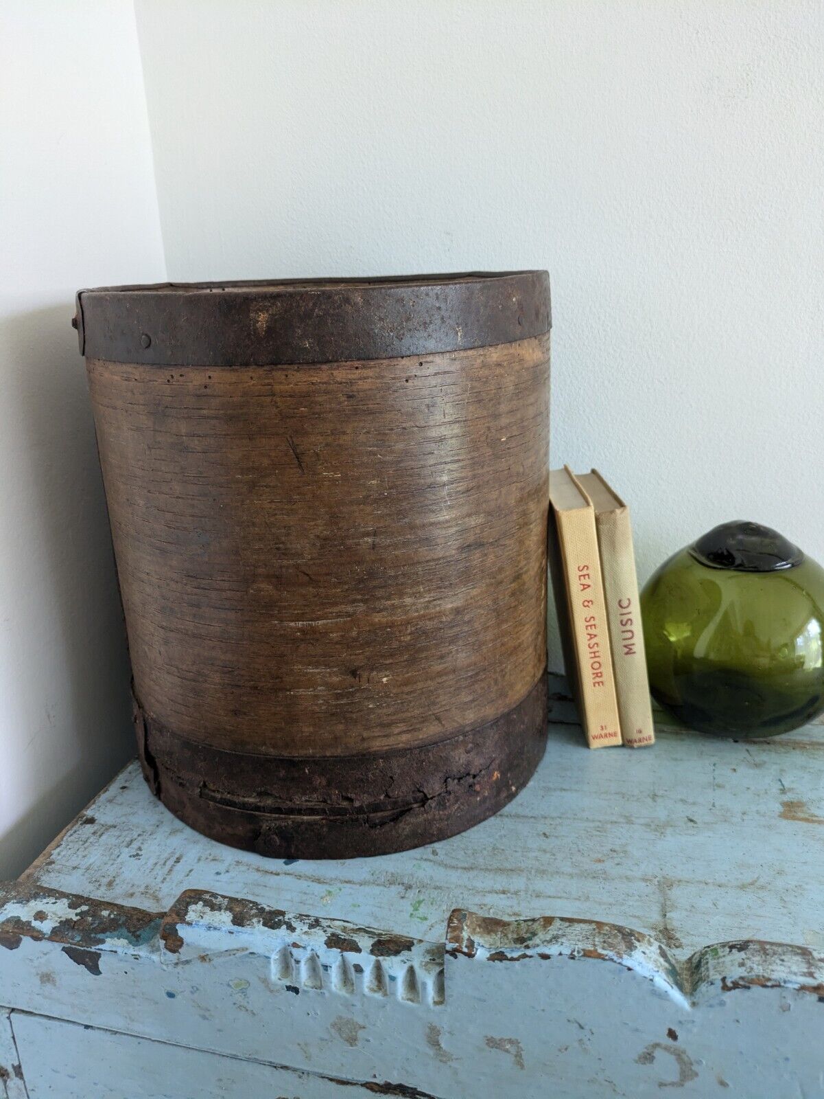 Vintage Bentwood Primitive Heavy Iron Grain Measure Pot Handmade Banded Metal