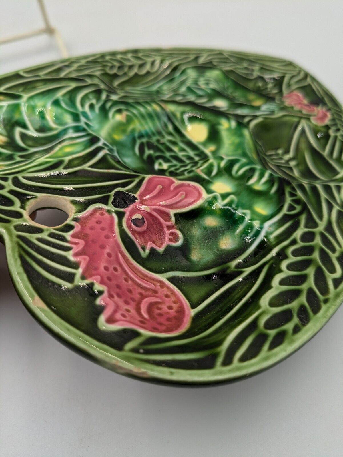 Vintage Chicken Deviled Egg Tray Green Ceramic Dish Plate Hen Heart Leaf Rare