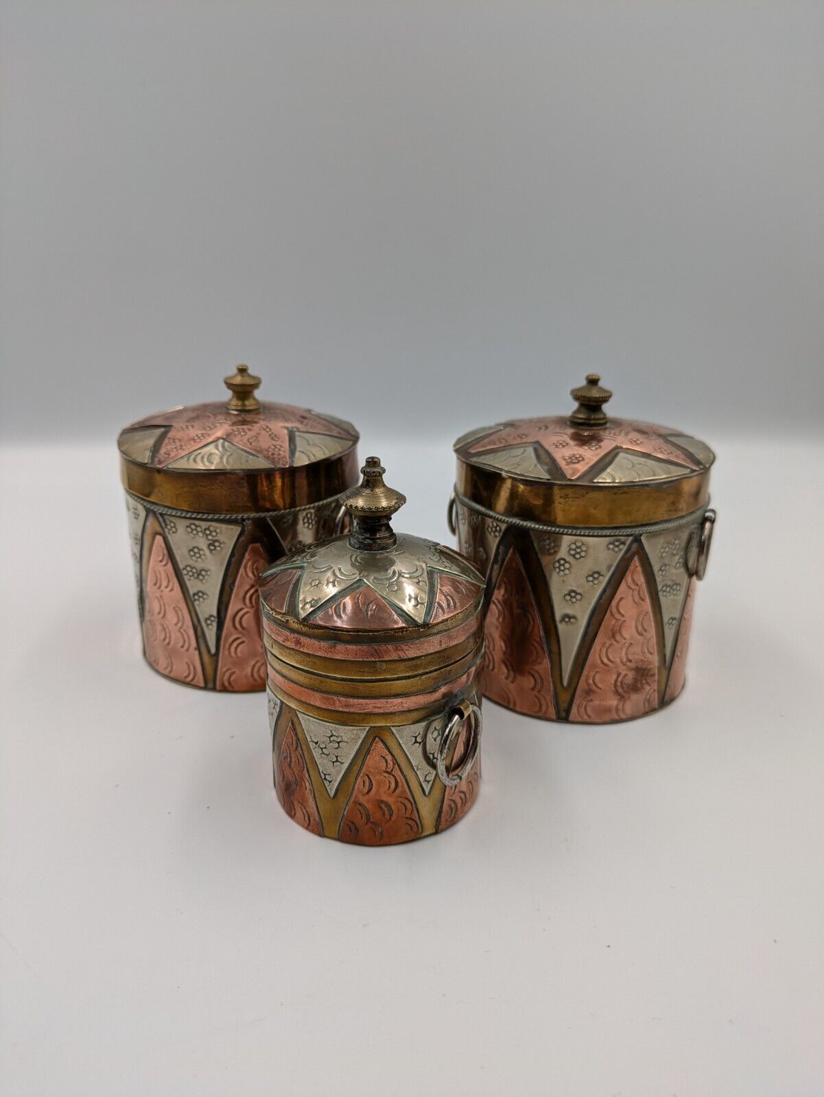 SET OF 3 VTG ISLAMIC PERSIAN COPPER BRASS MIXED METALS SNUFF HANGING BOX GIFT