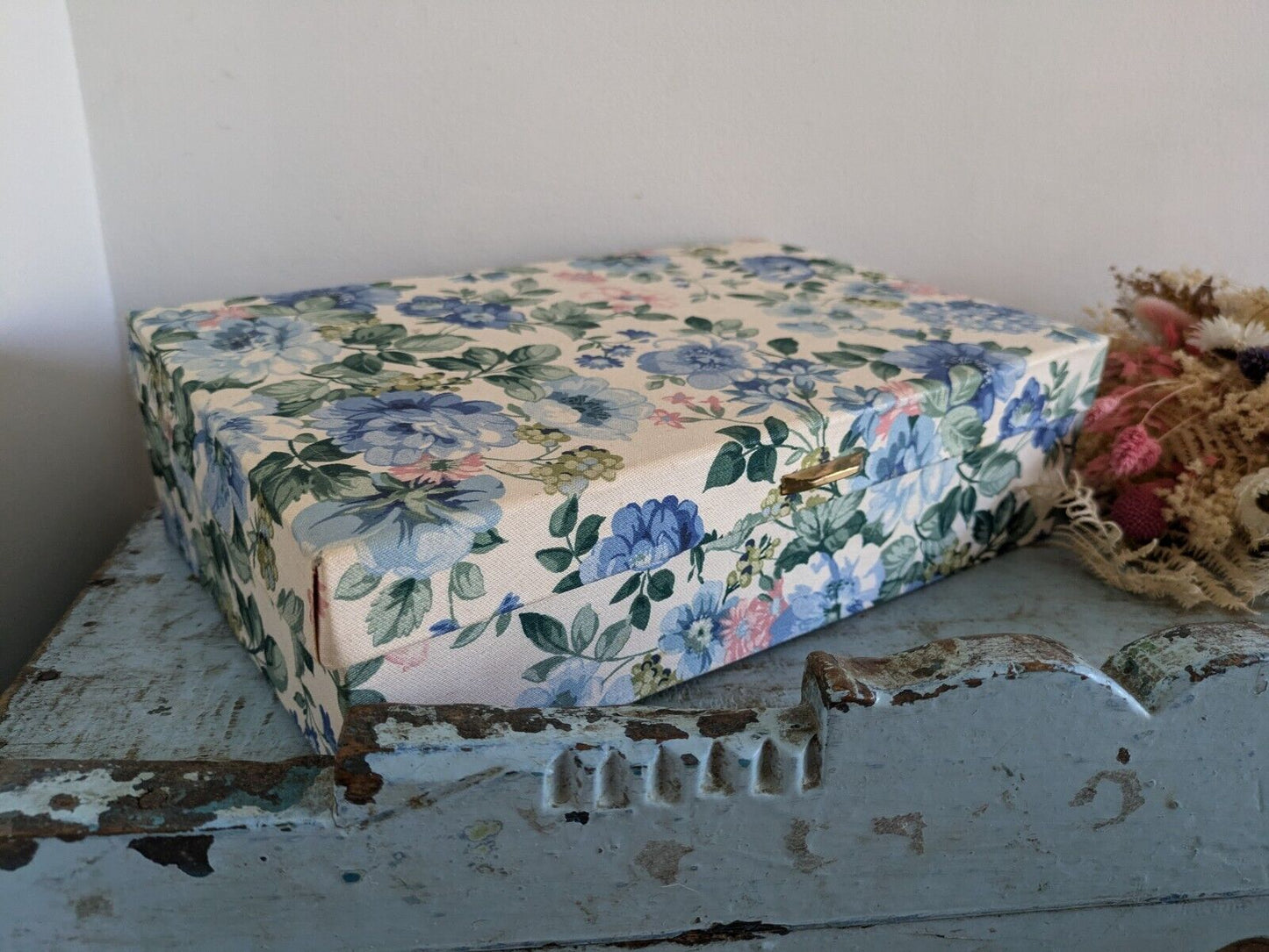vintage floral Ribbon jewellery box Rose flowers organizer fabric cover Sew Blue