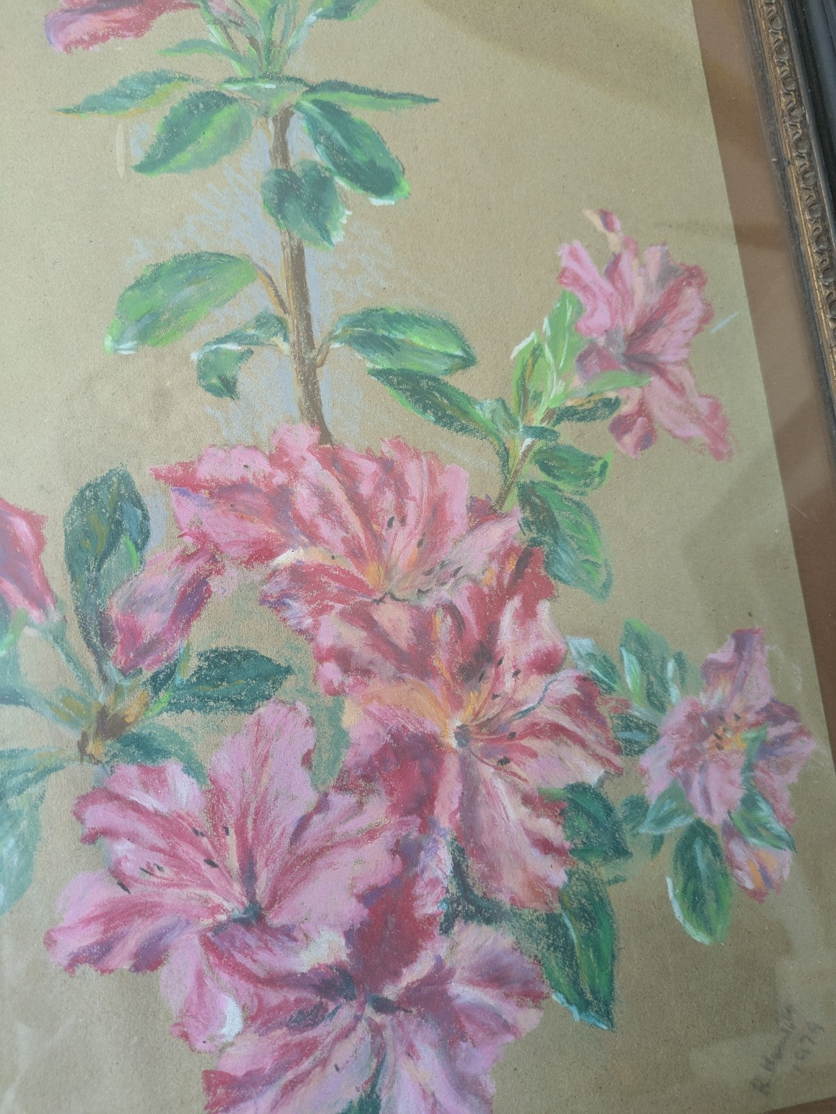 Original Antique Framed Oil Pastel Painting Floral Bouquet Flower Still Life 70s