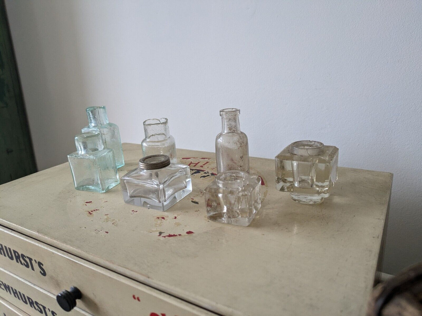 7x Antique Vintage Glass Bottles vase flower original apothecary ink old Bell