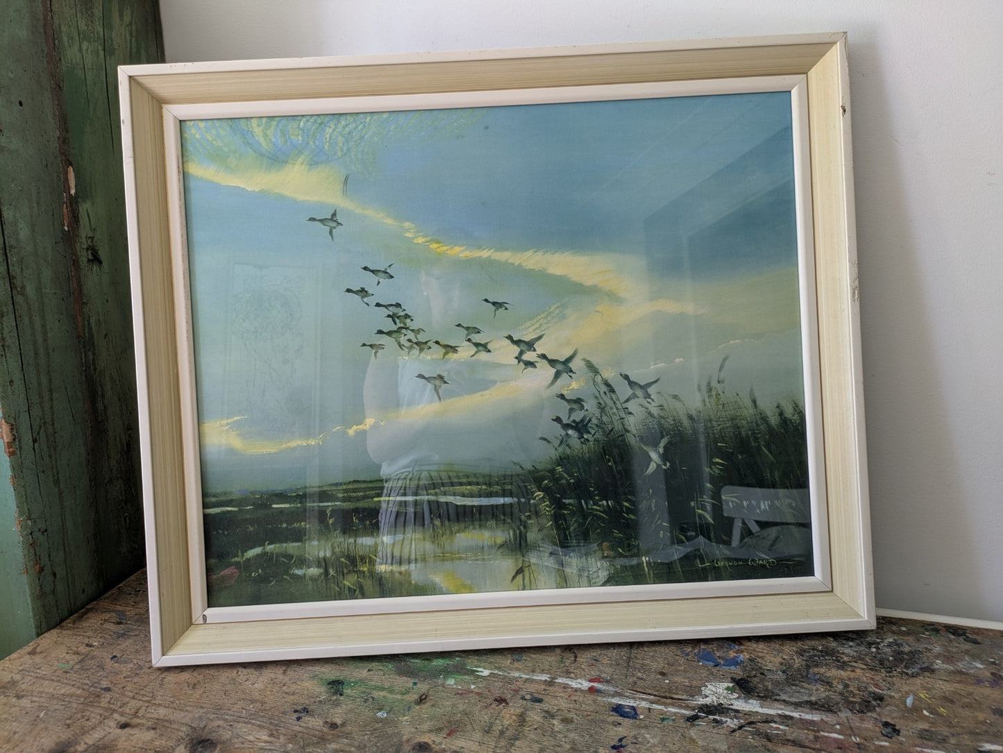 Vintage 1960s Print of Ducks Birds Flight Painting Vernon Ward Retro Seascape
