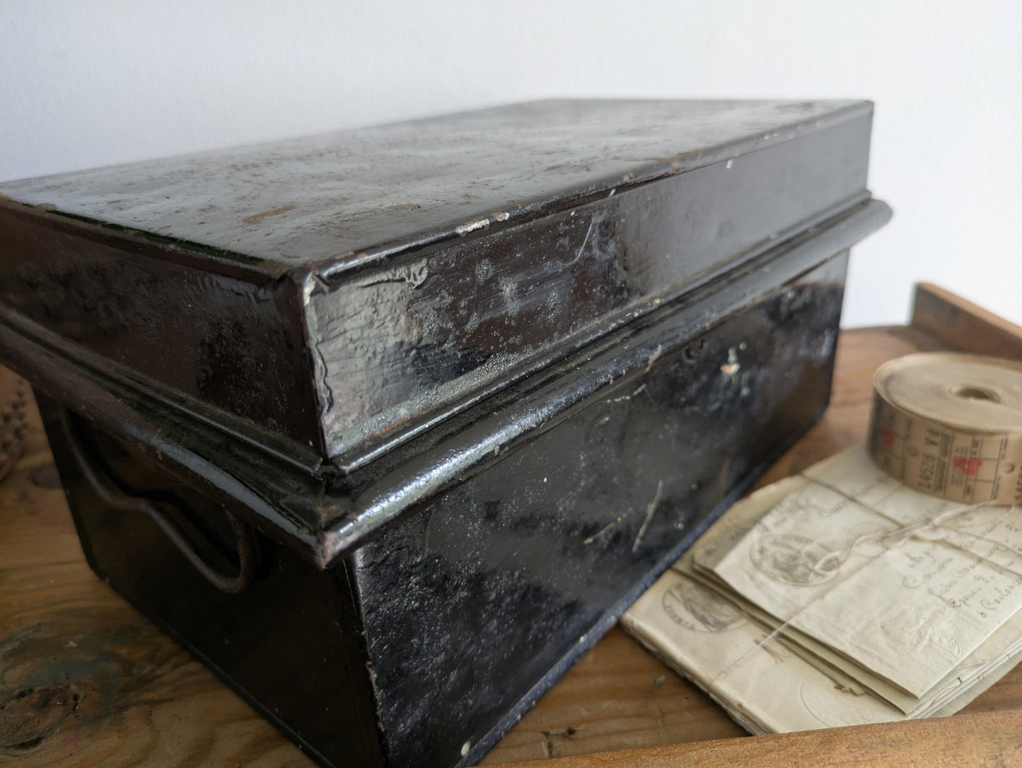 Vintage Metal Box Document Deed BOX Black Latch Hinged Lid Medium Cash Tin File