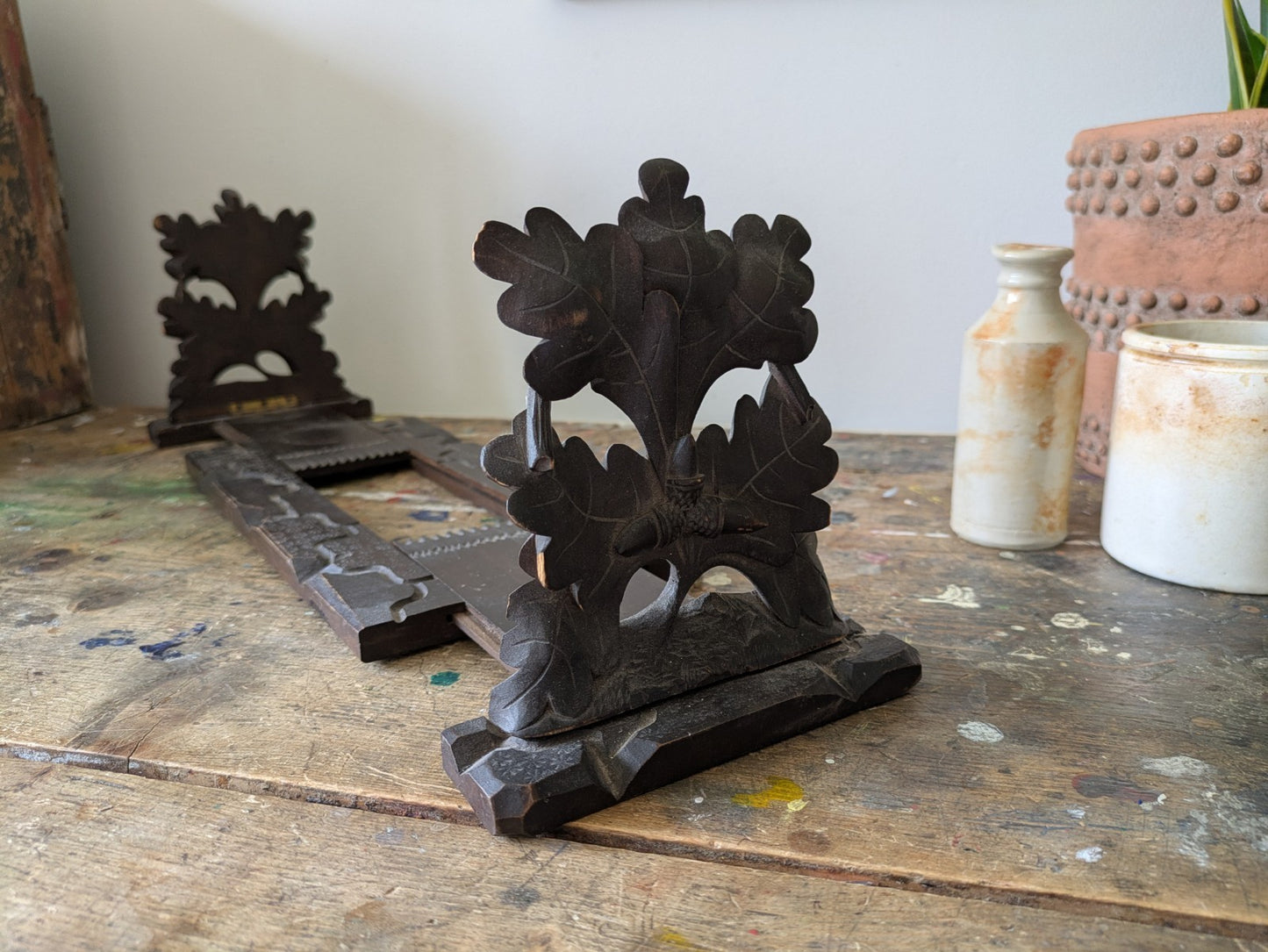 ANTIQUE VTG RARE SWISS BLACK FOREST CARVED WOOD FOLDABLE SLIDING BOOK STAND RACK